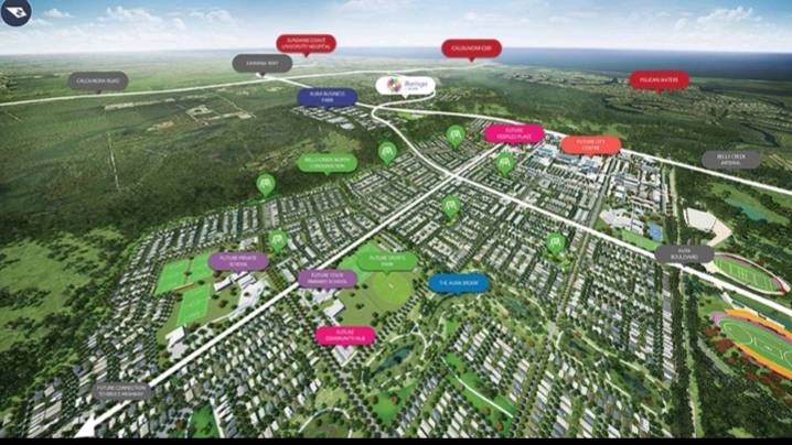 Aerial view of the growing Aura masterplanned community on the Sunshine Coast.