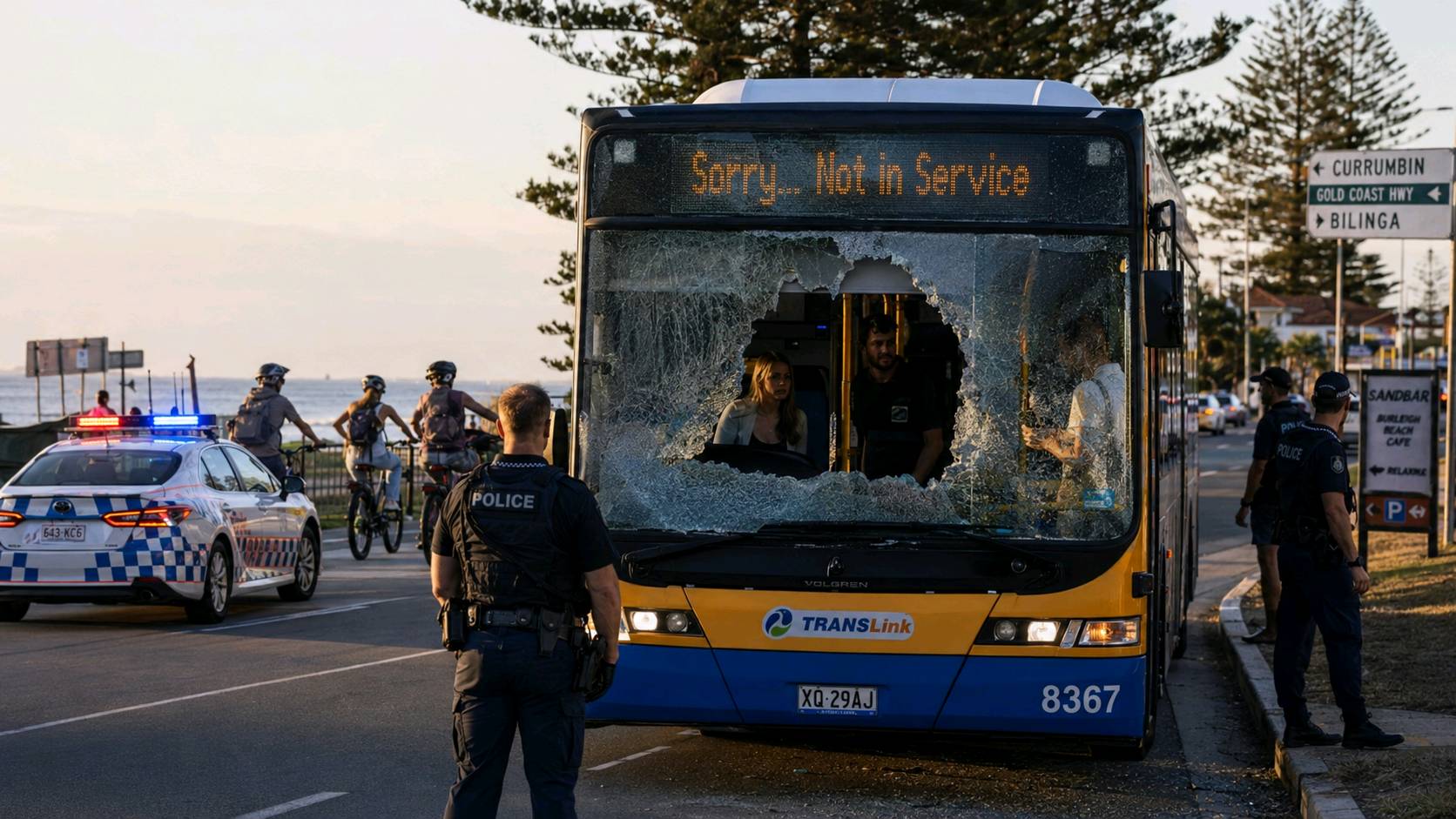 A damaged bus windscreen following an alleged projectile attack on the Gold Coast.