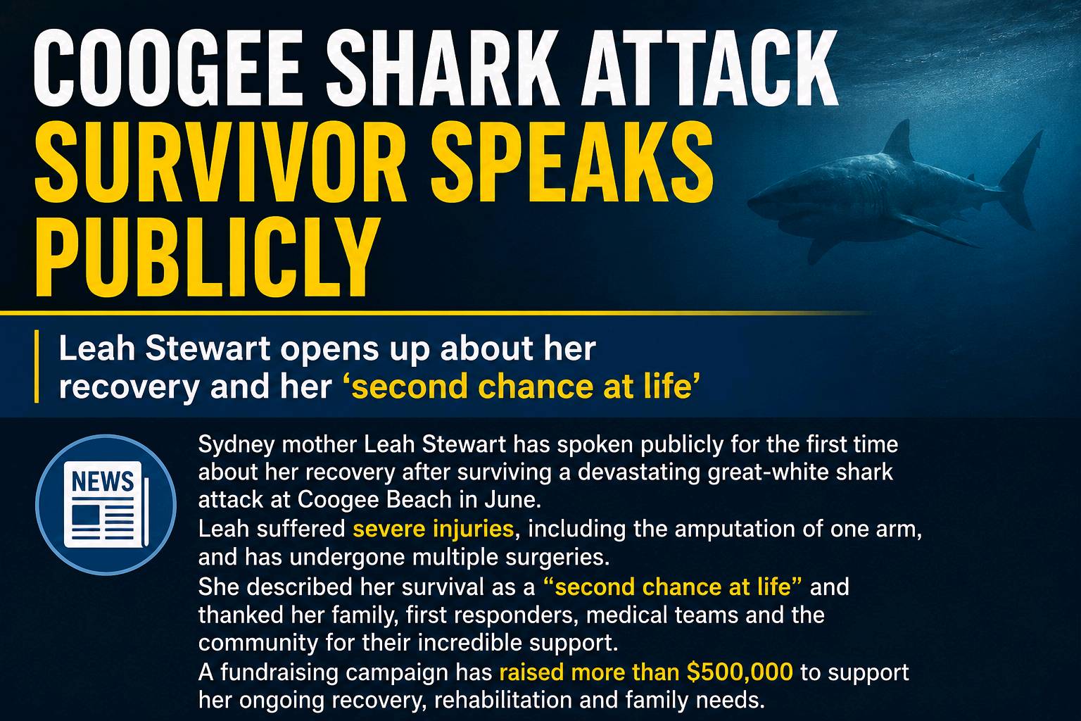 Leah Stewart Speaks Publicly About Her Recovery After Coogee Beach Shark Attack