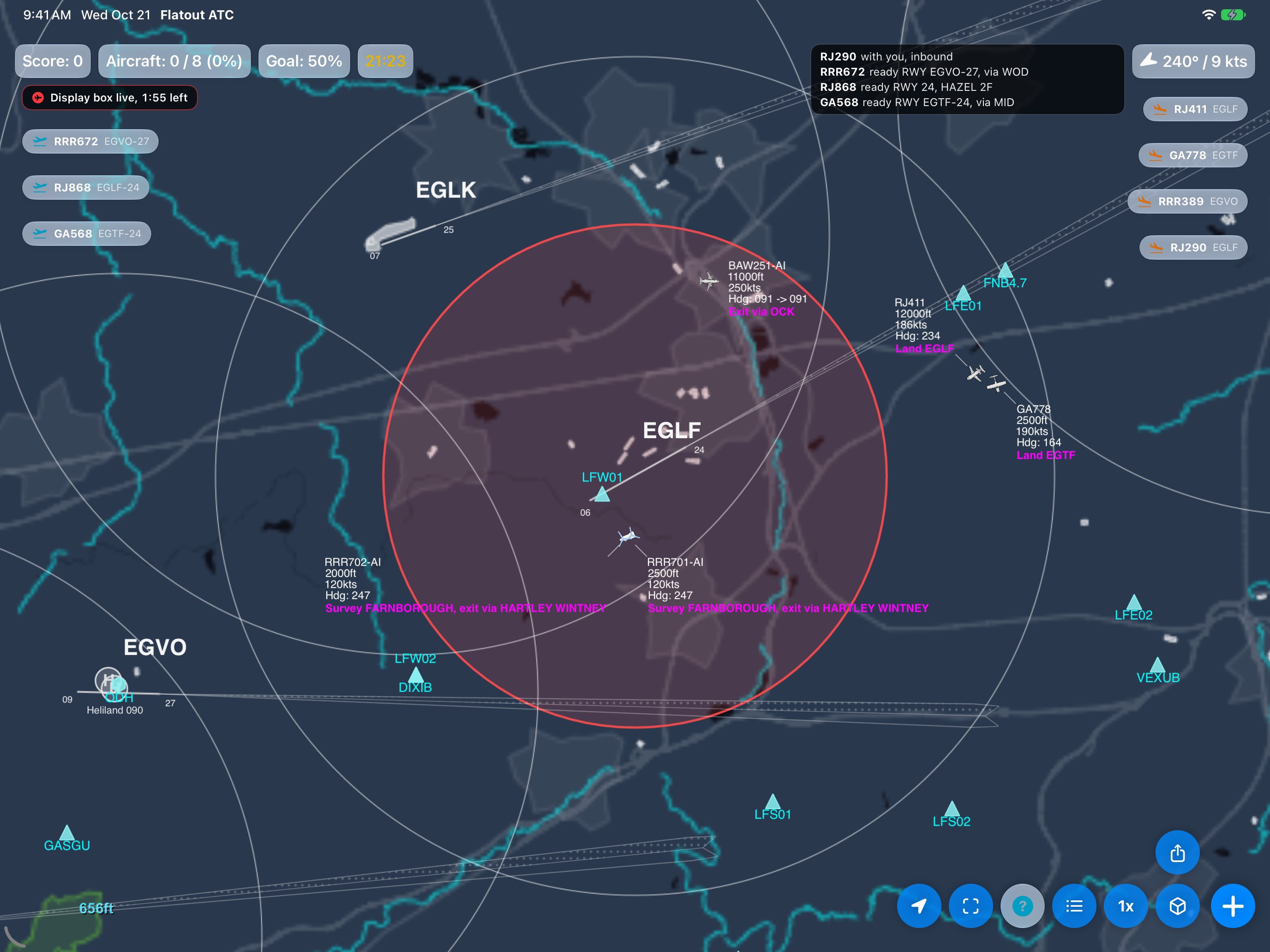 Live: the box turns red and Farnborough closes. The display helicopters fly inside it while Heathrow traffic passes high overhead.