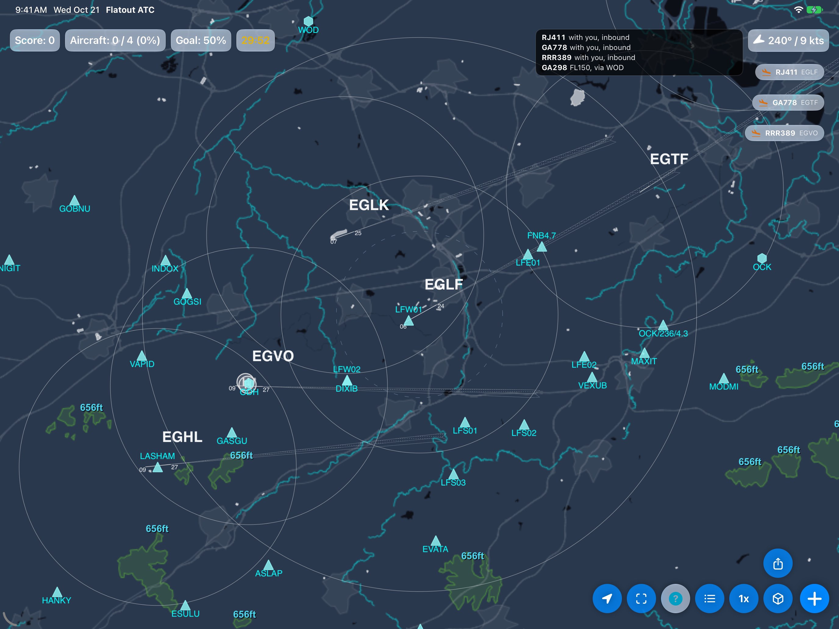 The patch around Farnborough (EGLF): Blackbushe (EGLK), RAF Odiham (EGVO), Lasham (EGHL) and Fairoaks (EGTF). The display box shows as a faint outline over Farnborough before the first countdown.