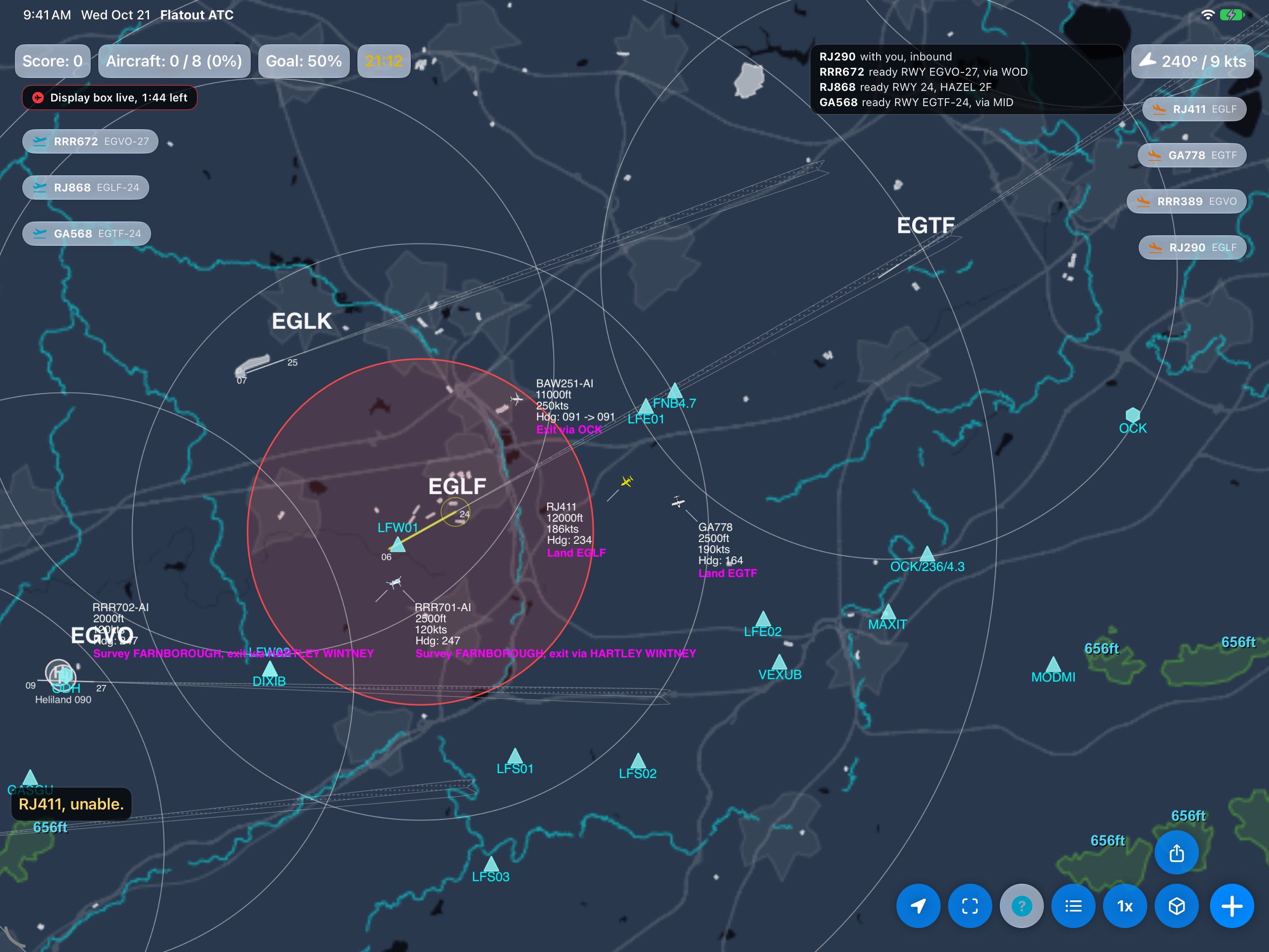 A Farnborough arrival asked to land while the box is live gets 