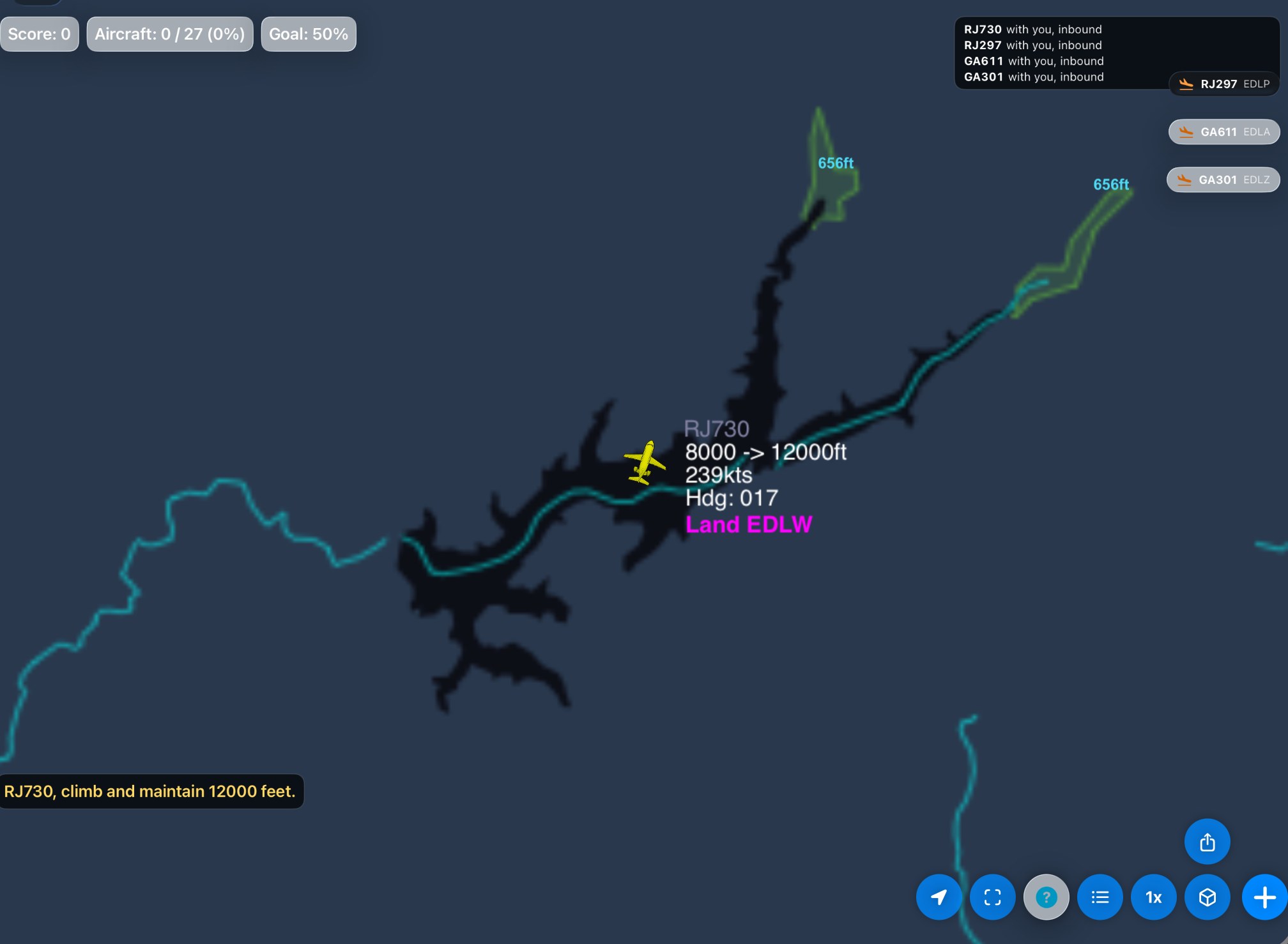 Straight after the clearance: the readback "RJ730, climb and maintain 12000 feet." is on screen, and the tag already shows the new level, 12000ft, beside 8000.