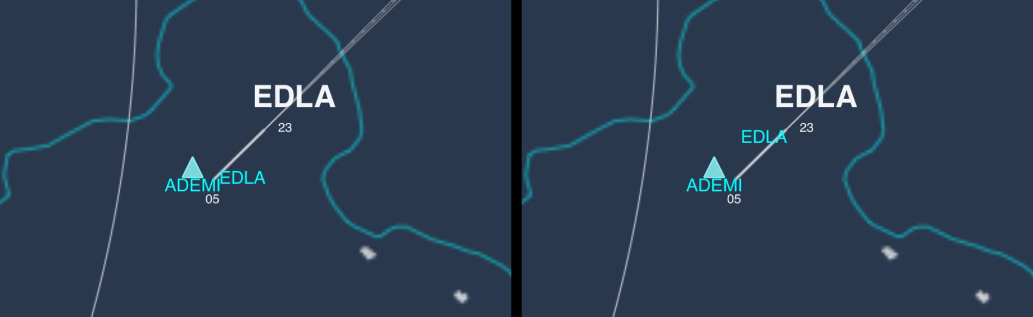 Before and after: the ADEMI and EDLA labels over runway 05, then separated