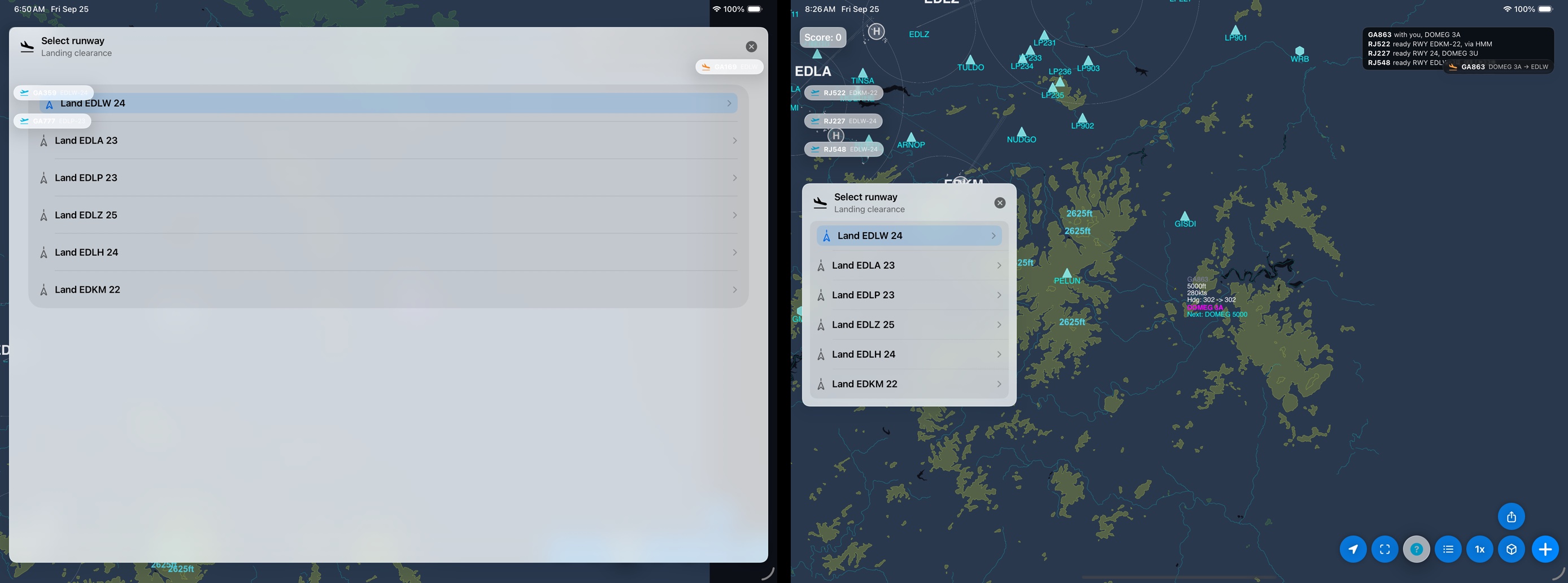 Before and after: the runway list covering the radar, then a panel at the left edge