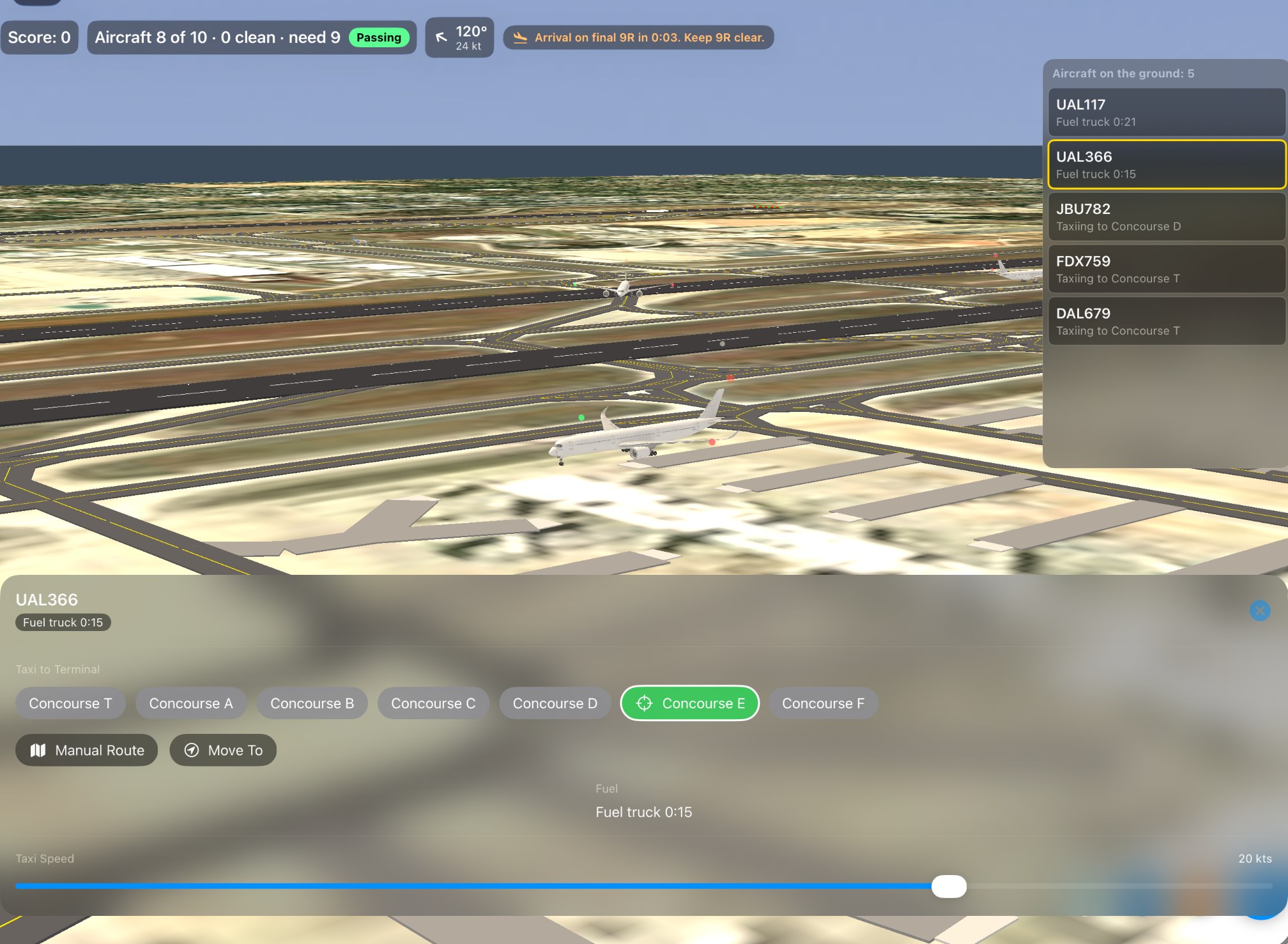 UAL366 at Concourse E, with its fuel truck 15 seconds away.