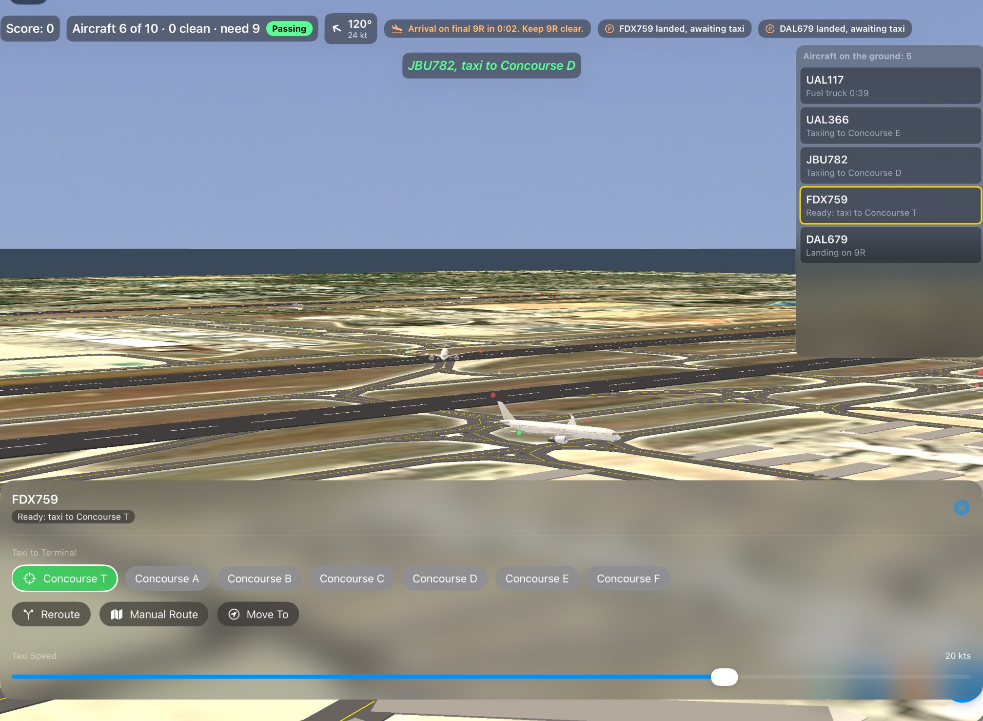 FDX759 has landed and waits for its taxi clearance to Concourse T, while JBU782 is cleared to Concourse D.