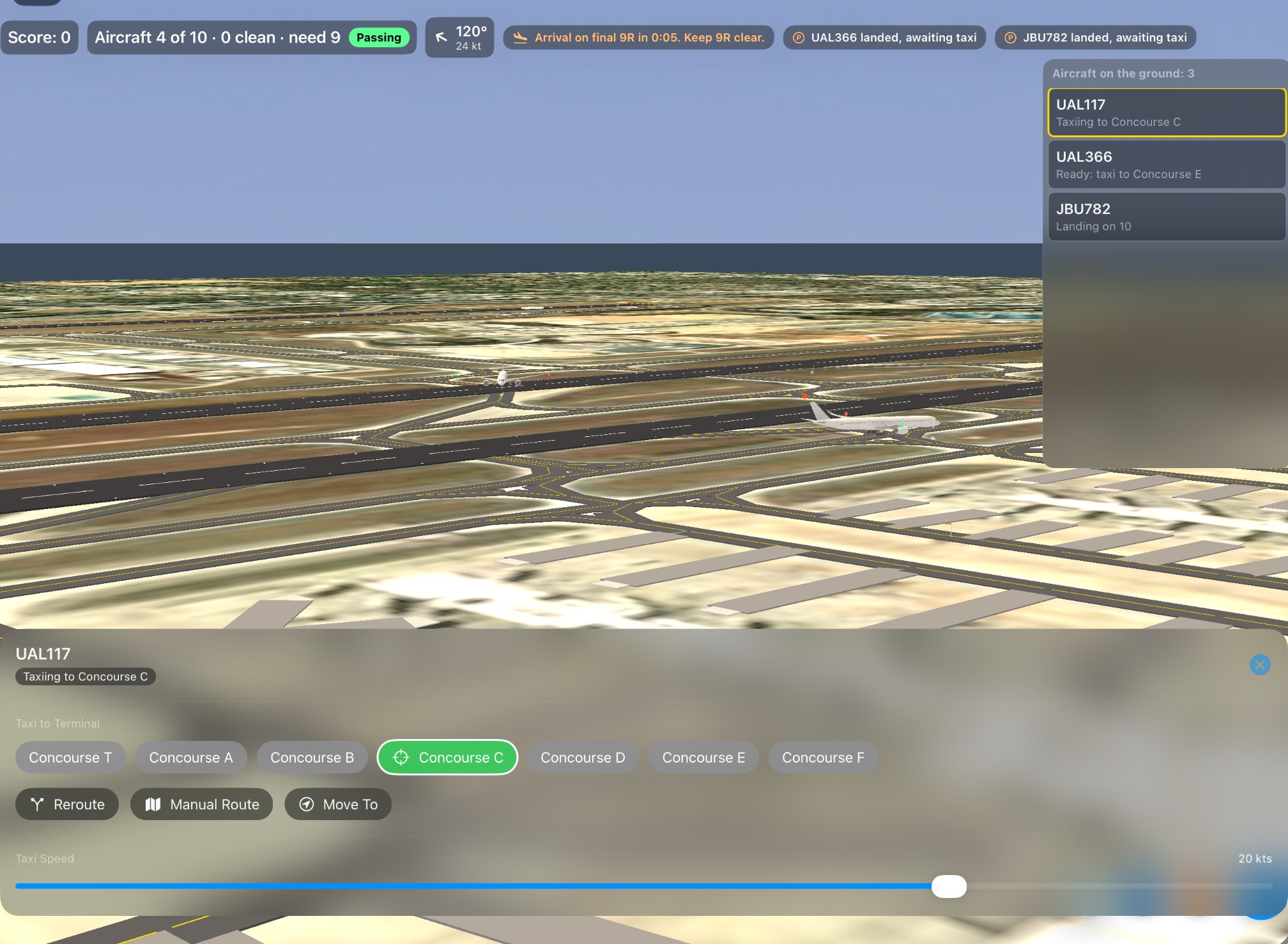 The 3D tower view, aimed at UAL117 as it taxis to Concourse C. The panel along the bottom sends it on: pick a concourse, reroute it, or draw a route by hand.