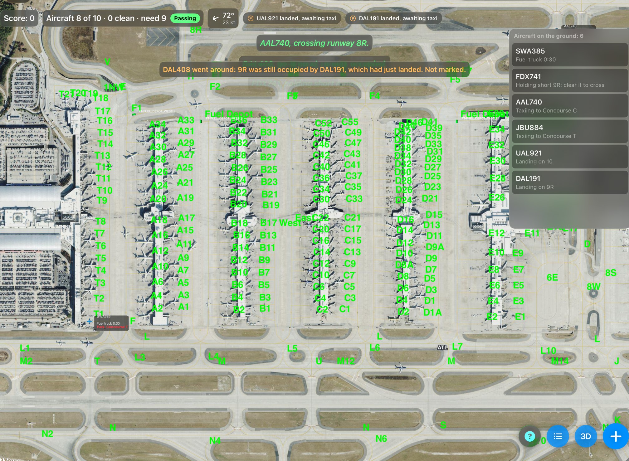 The concourses up close, with every gate labelled. The strips on the right show each aircraft's state: landing on 9R or 10, holding short, or taxiing in.