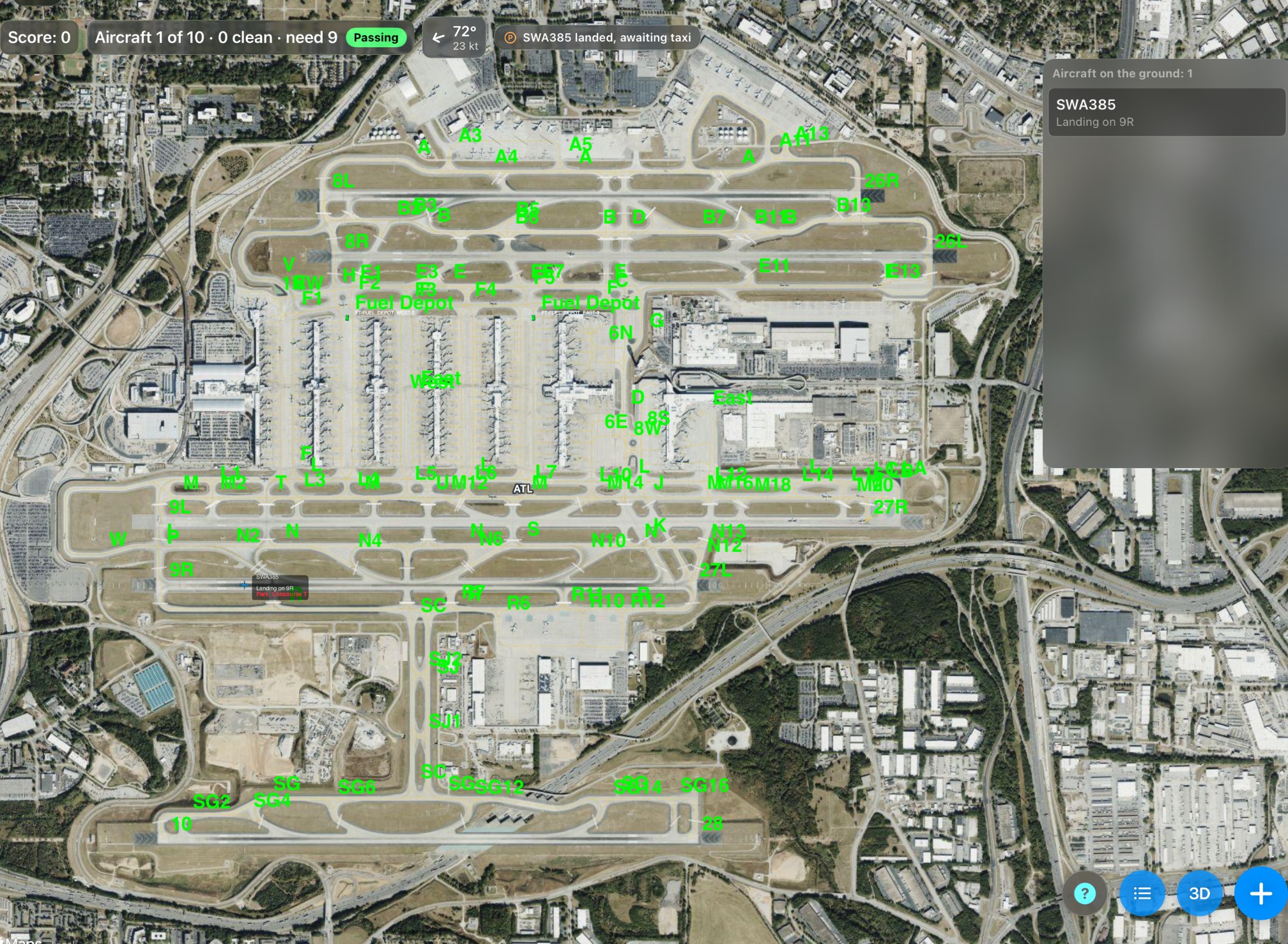 All of Hartsfield-Jackson on the 2D map: five runways and seven concourses, T and A to F.