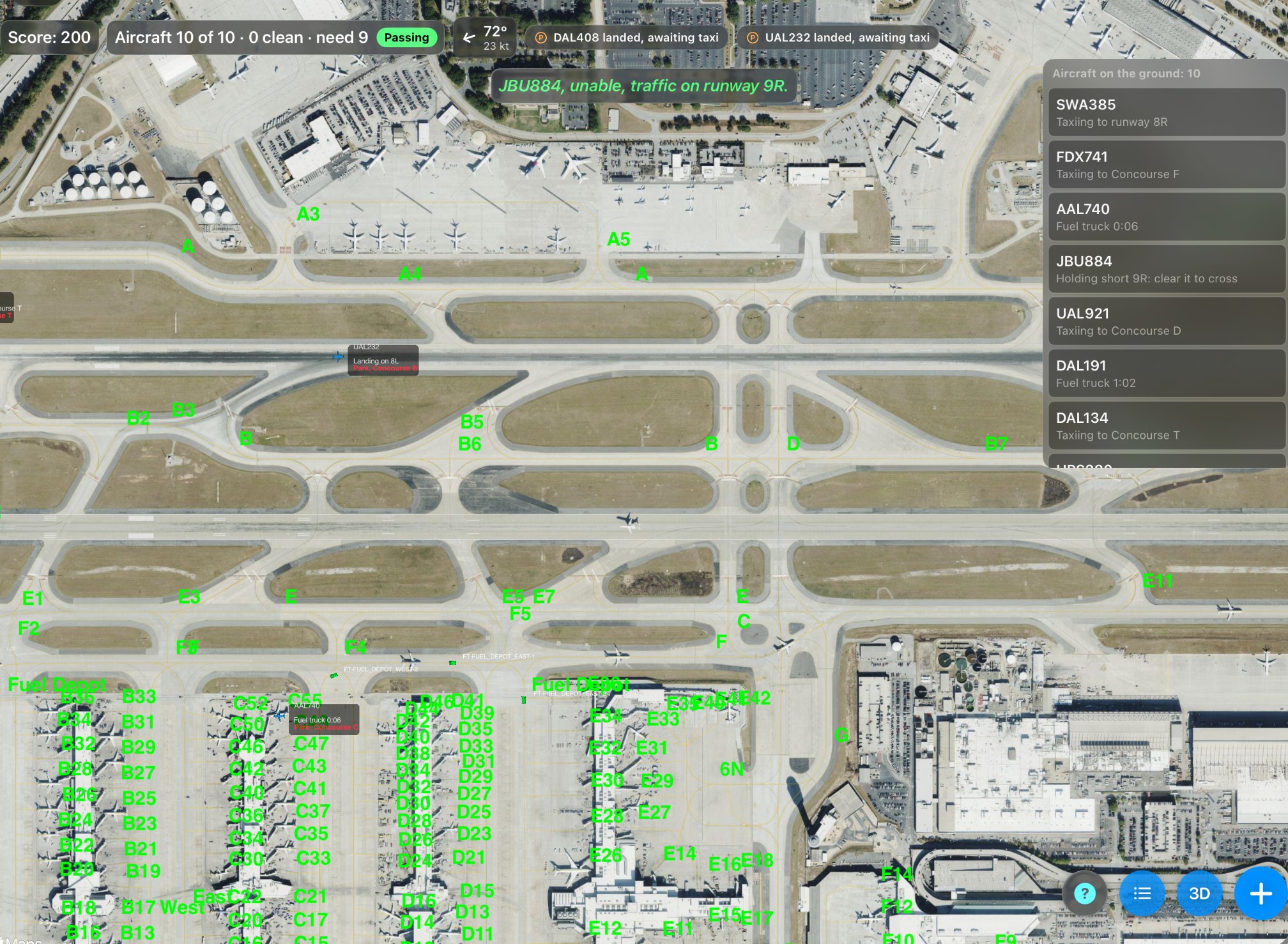 The north pair at 4x: UAL232 lands on 8L, the outer runway, while SWA385 taxis out to depart from 8R, the inner one.