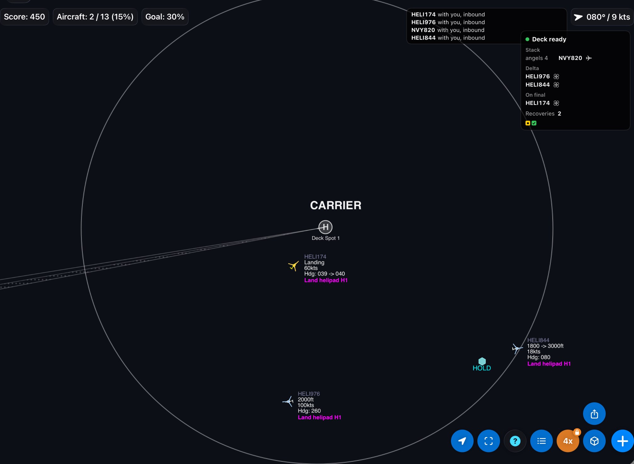 Two recoveries now, yellow for Fair and green for OK. A helicopter is landing on the deck's pad, two more hold in the delta, and the next fighter waits in the stack at angels 4.