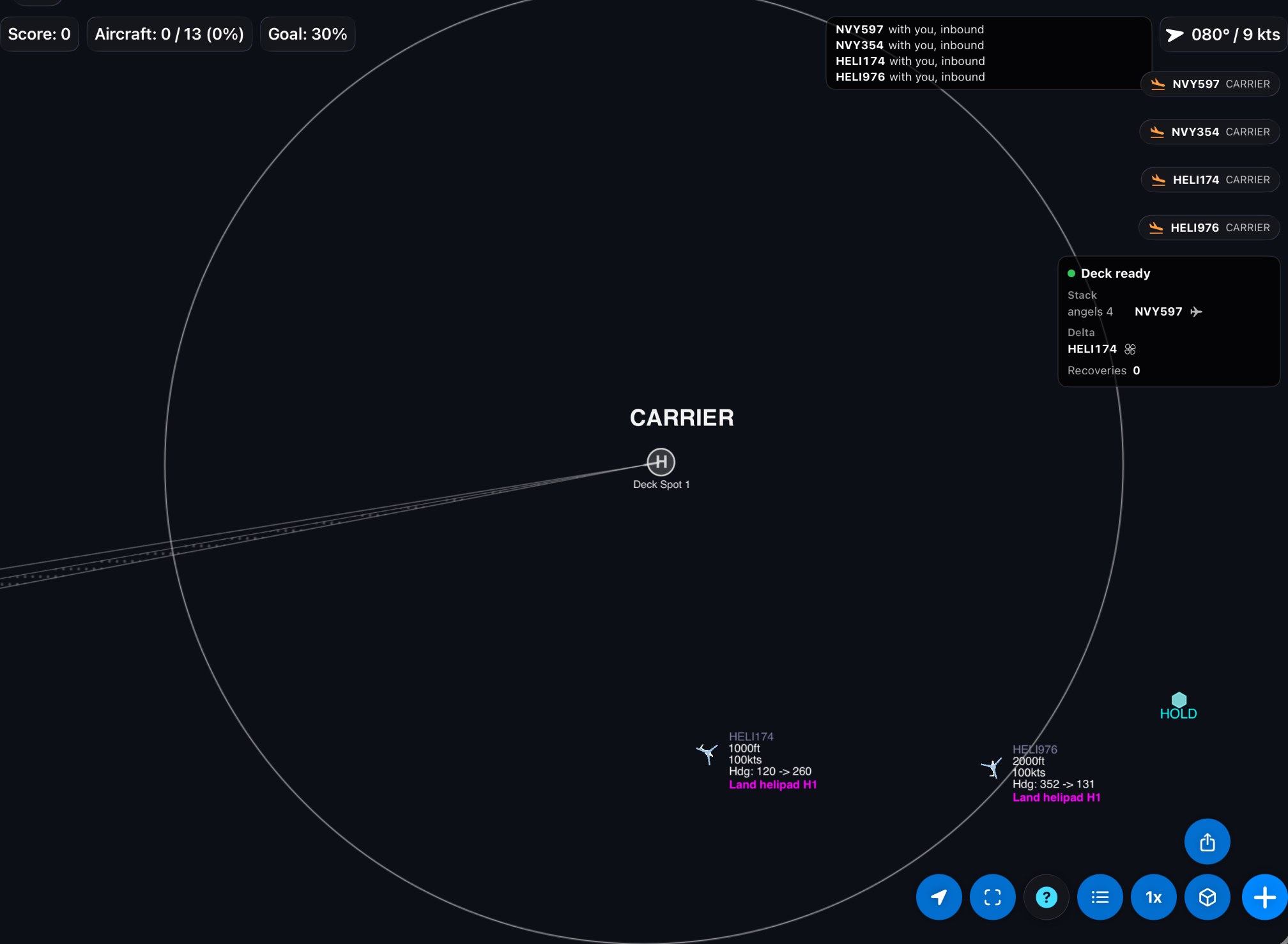 The start of a Novice shift. The ship sits in the middle of the scope with its helicopter pad, Deck Spot 1, and its approach course runs out behind it. The board at the top right reads Deck ready, with one fighter in the stack and one helicopter in the delta.