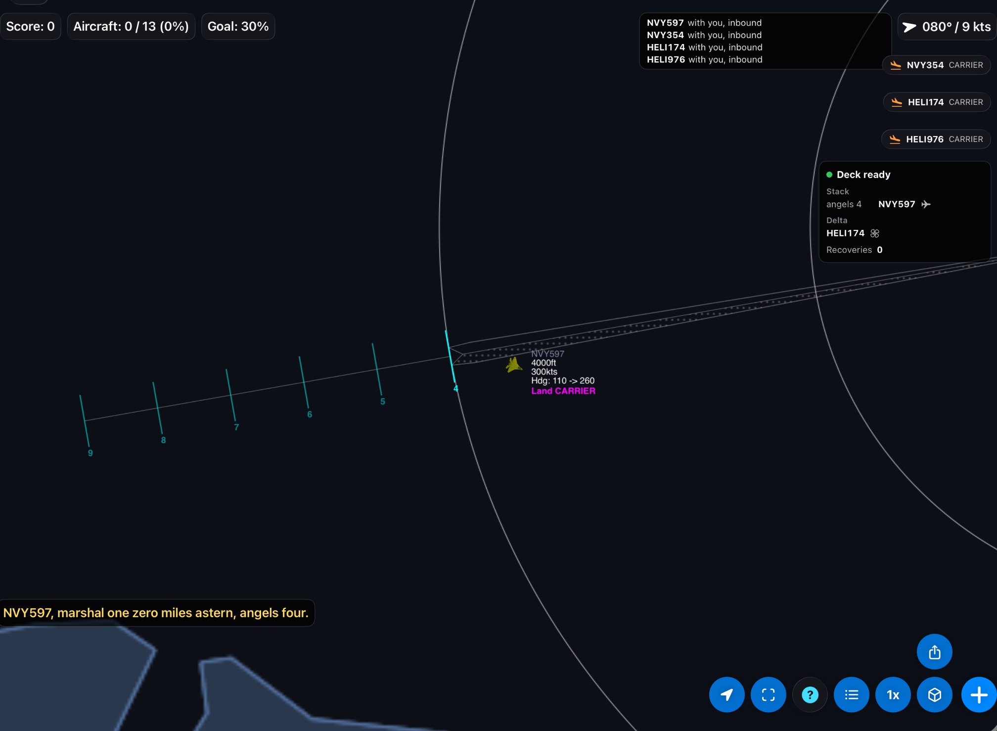 Marshal on a fighter: "NVY597, marshal one zero miles astern, angels four." The ticks along the course behind the ship mark the stack's levels, angels 4 nearest the ship and angels 9 furthest out.