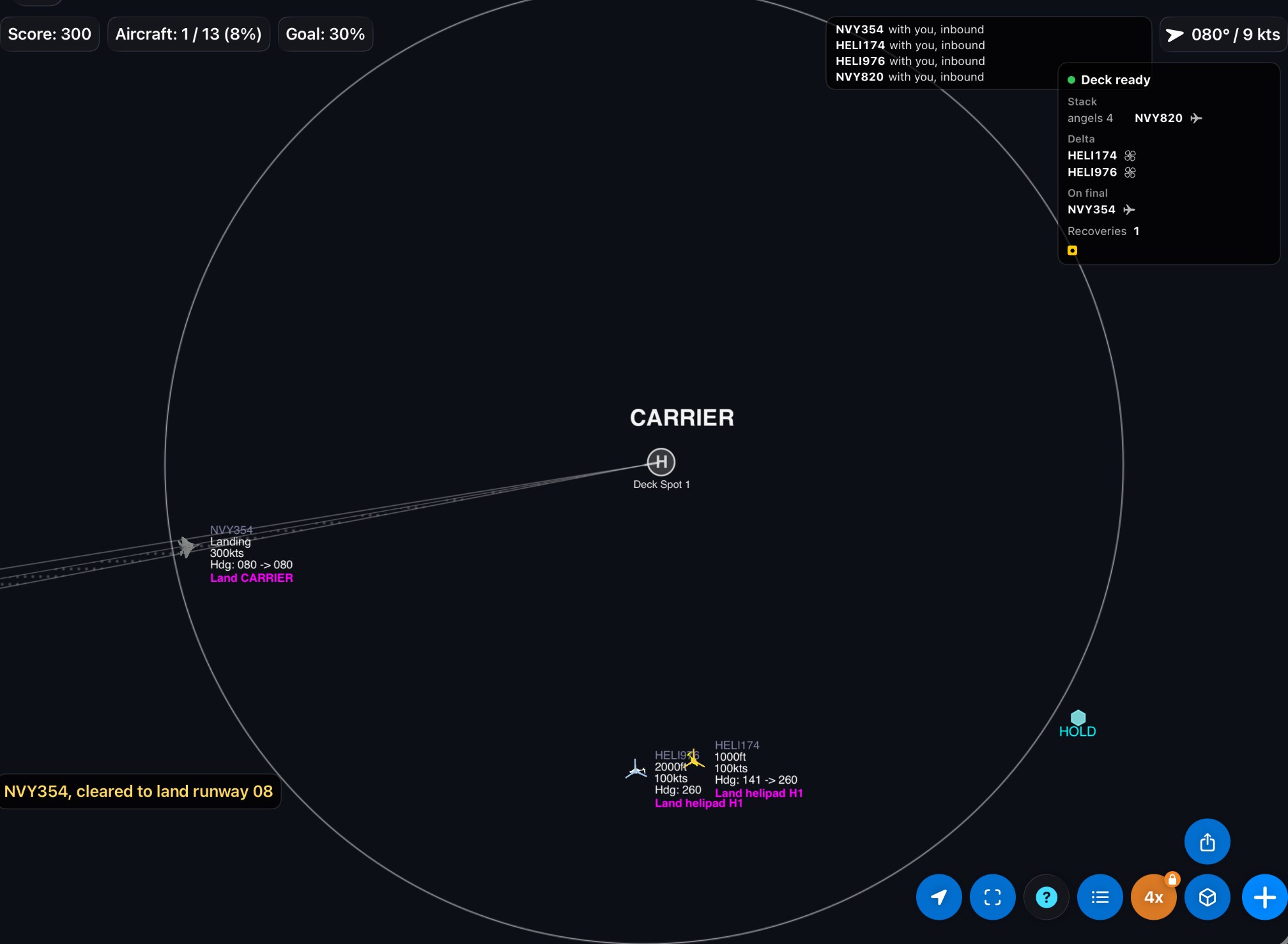 At 4x, NVY354 is cleared to land and on final. The board already shows the first recovery as a yellow square, a Fair grade: NVY597's landing clearance came late, inside three miles.