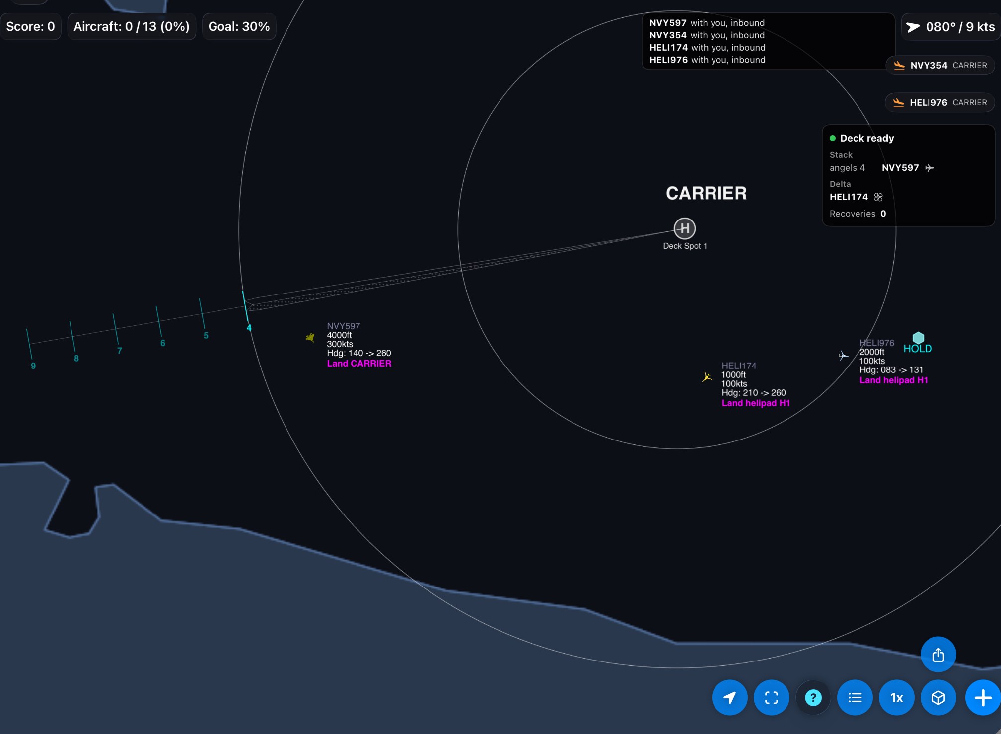 Zoomed out, the stack runs back along the ship's course. NVY597 holds at angels 4, the bottom of the stack, so it is the next fighter in.
