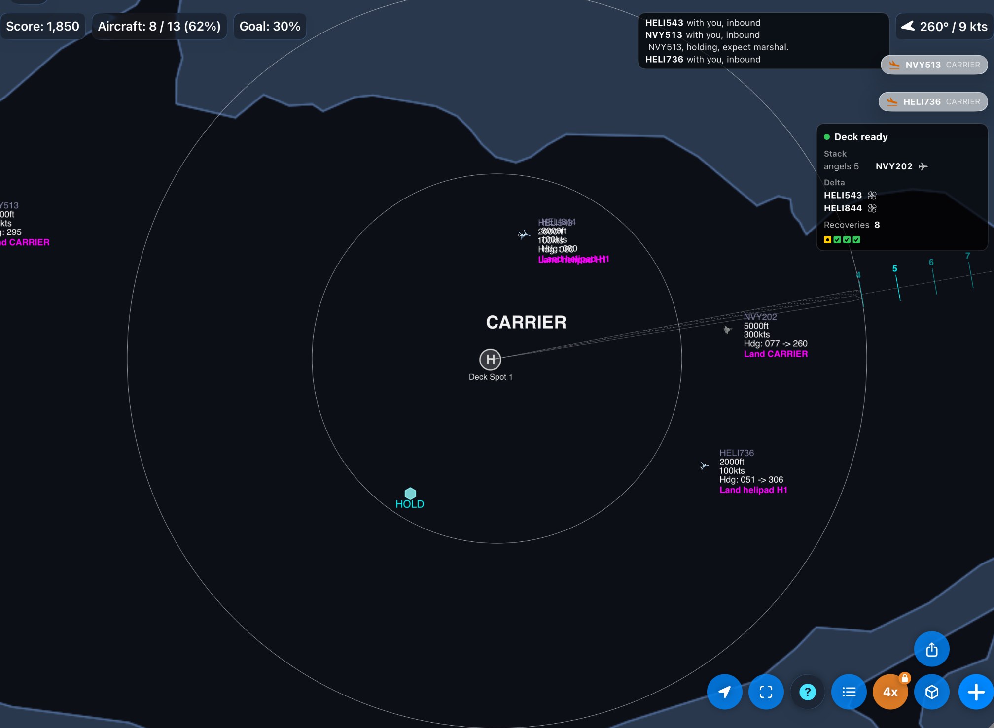 Five game minutes later, NVY202 is nearly at its slot east of the ship, and the two helicopters in the delta hold on the ship's new starboard side, one above the other.