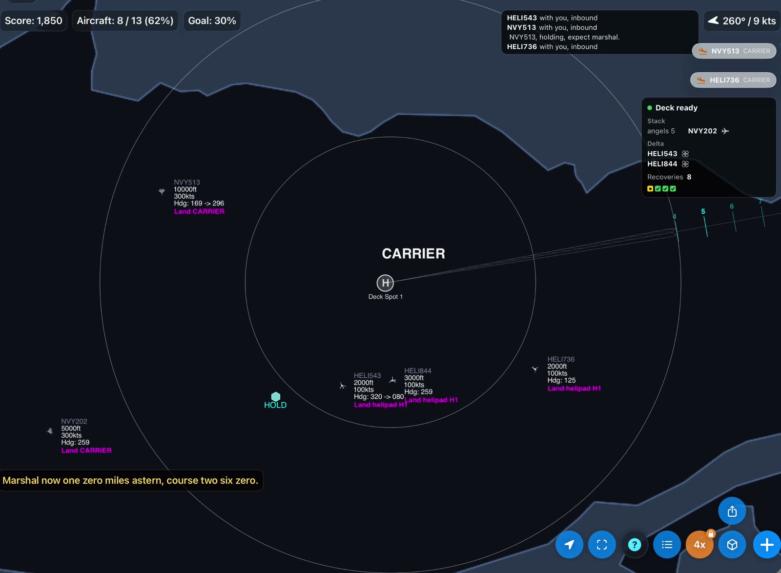 Steady on two six zero: "Marshal now one zero miles astern, course two six zero." The wind over the deck has turned with the ship, the board is back to Deck ready, and the stack's ticks now trail east, behind the new course. NVY202, still on the west side, has to fly back across to its slot.