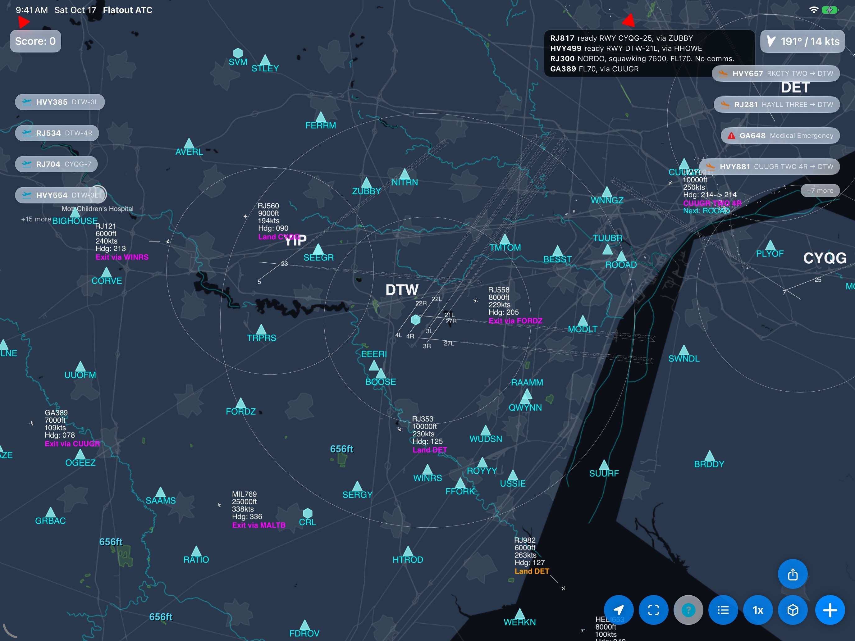 Zoomed out, RJ121 and RJ560 are close enough for their tags to touch. RJ121's tag has moved to the west, with a short white line back to the aircraft.