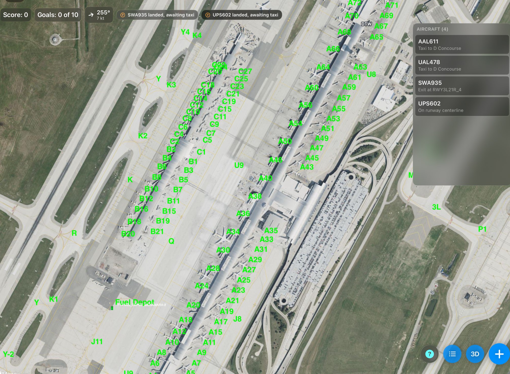 At concourse level every gate is numbered: the A concourse, with B and C across the apron. Two arrivals have landed and wait for a taxi instruction.
