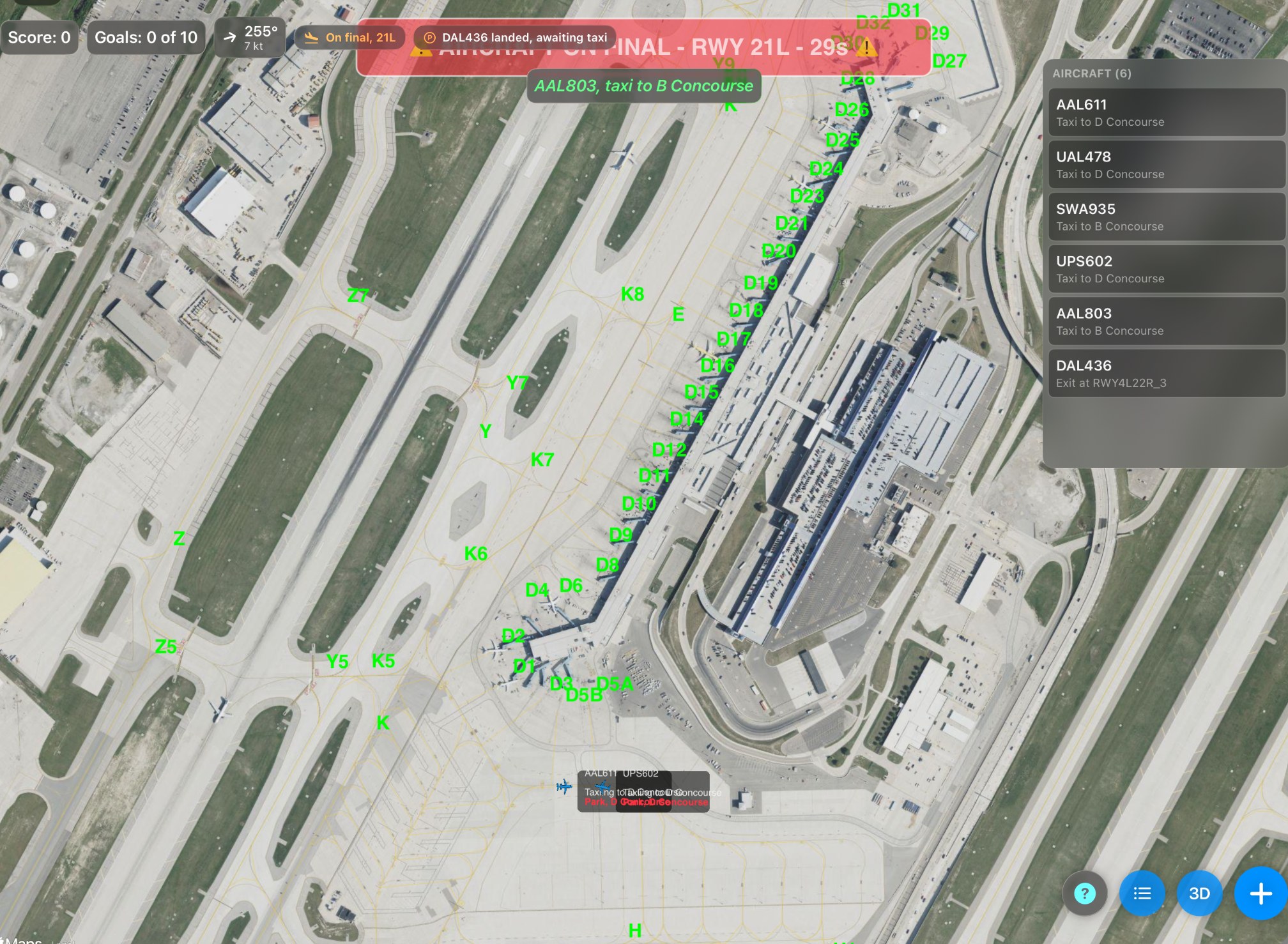 The Evans Terminal's D concourse. An arrival is on final for 21L, and AAL803 is on its way to B Concourse.