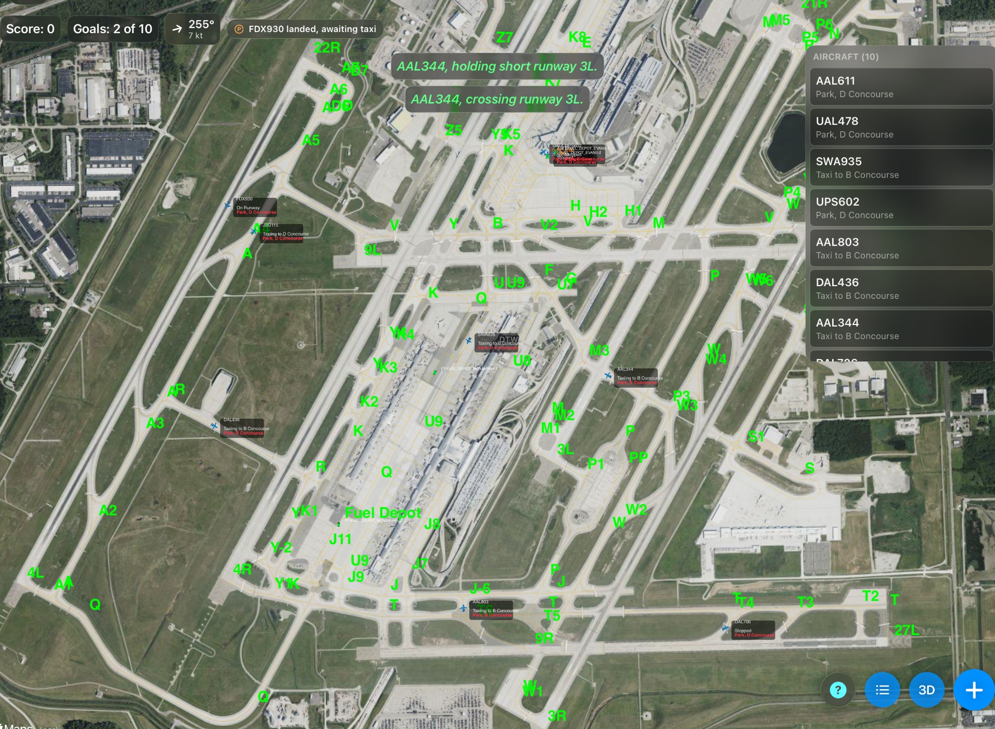 AAL344 holds short of runway 3L on its way in, then crosses when cleared.
