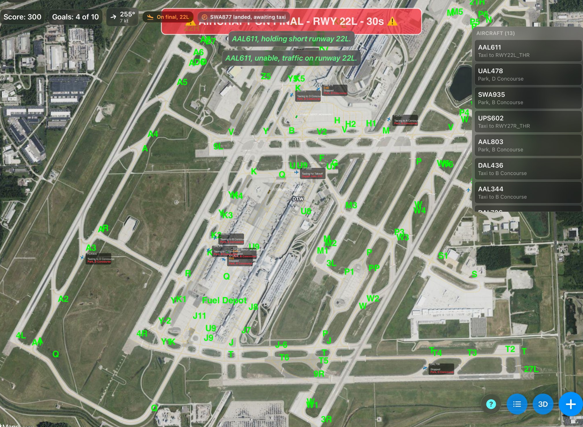 AAL611 waits at the 22L hold line to depart. The release is refused while another aircraft is still on 22L, with the next arrival 30 seconds out.