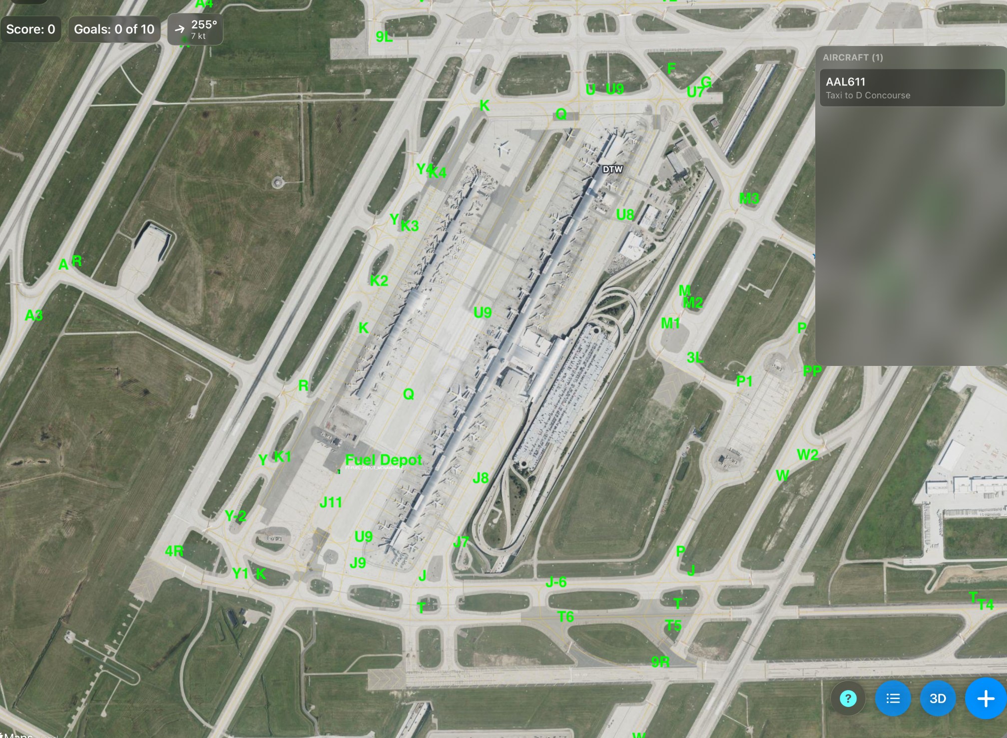 Closer in, the taxiway names appear. The McNamara Terminal sits between the parallel runways, with a fuel depot on its apron.