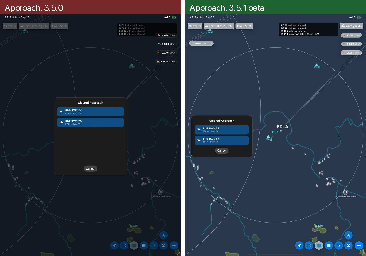 Approach picker. In 3.5.0 it was a tall, mostly empty card in the middle of the radar. In 3.5.1 it sits at the left edge and is only as tall as its approaches.