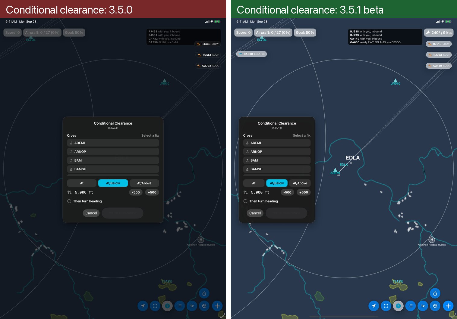 Conditional clearance. In 3.5.0 the card sat in the middle over a dimmed radar. In 3.5.1 the same card opens at the left edge with the radar in view.