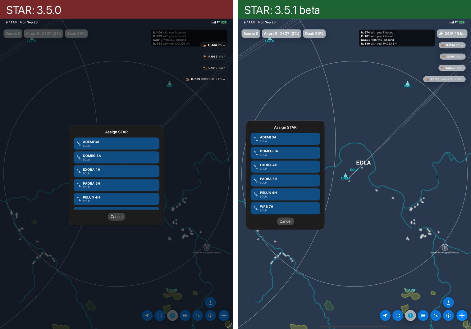 STAR picker. In 3.5.0 it opened in the middle of the radar, dimmed everything behind it and cut its list short. In 3.5.1 it opens at the left edge, shows the whole list and leaves the radar in view.
