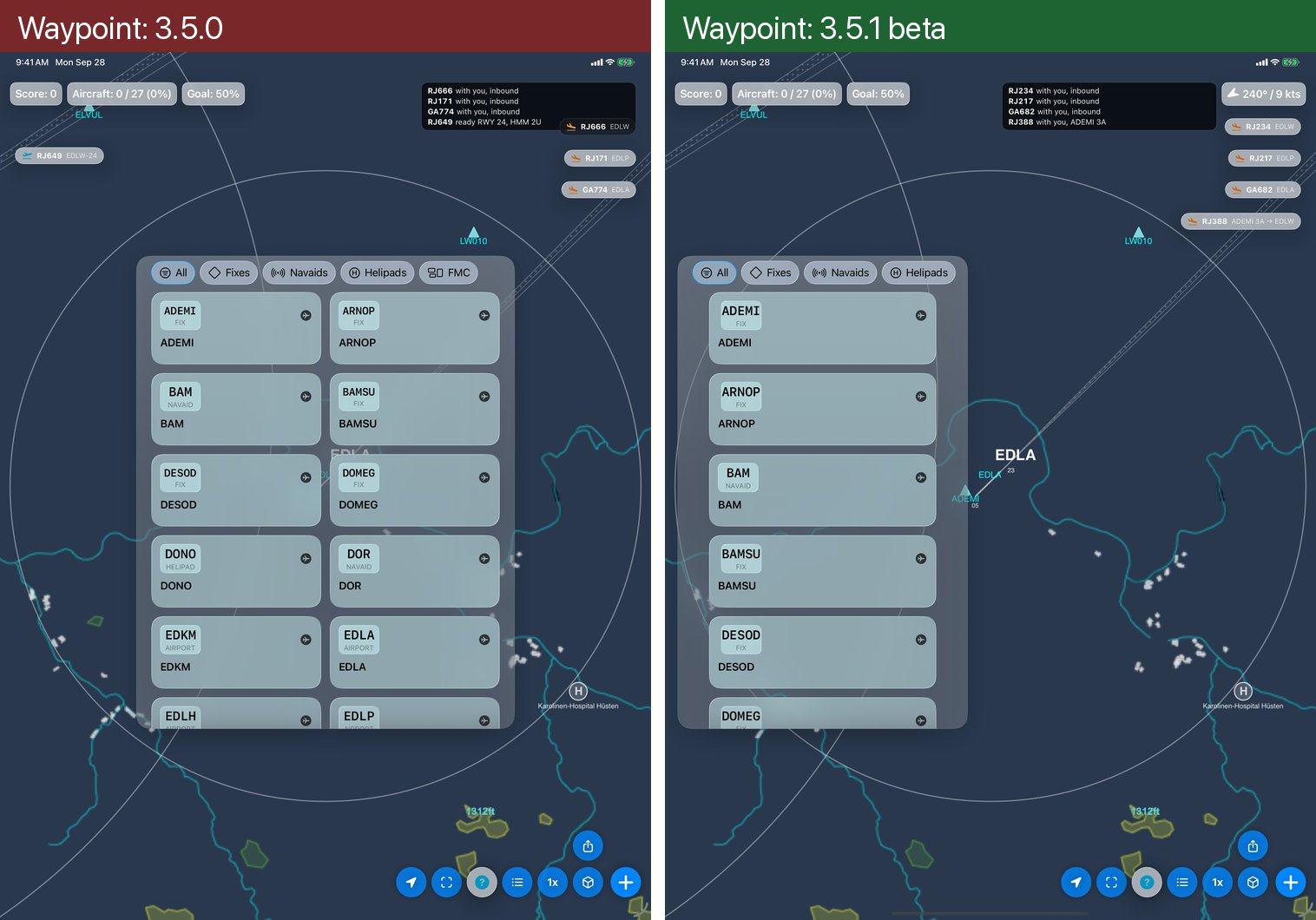 Waypoint picker. The same change: one column at the left edge, where 3.5.0 put a two-column grid in the middle.