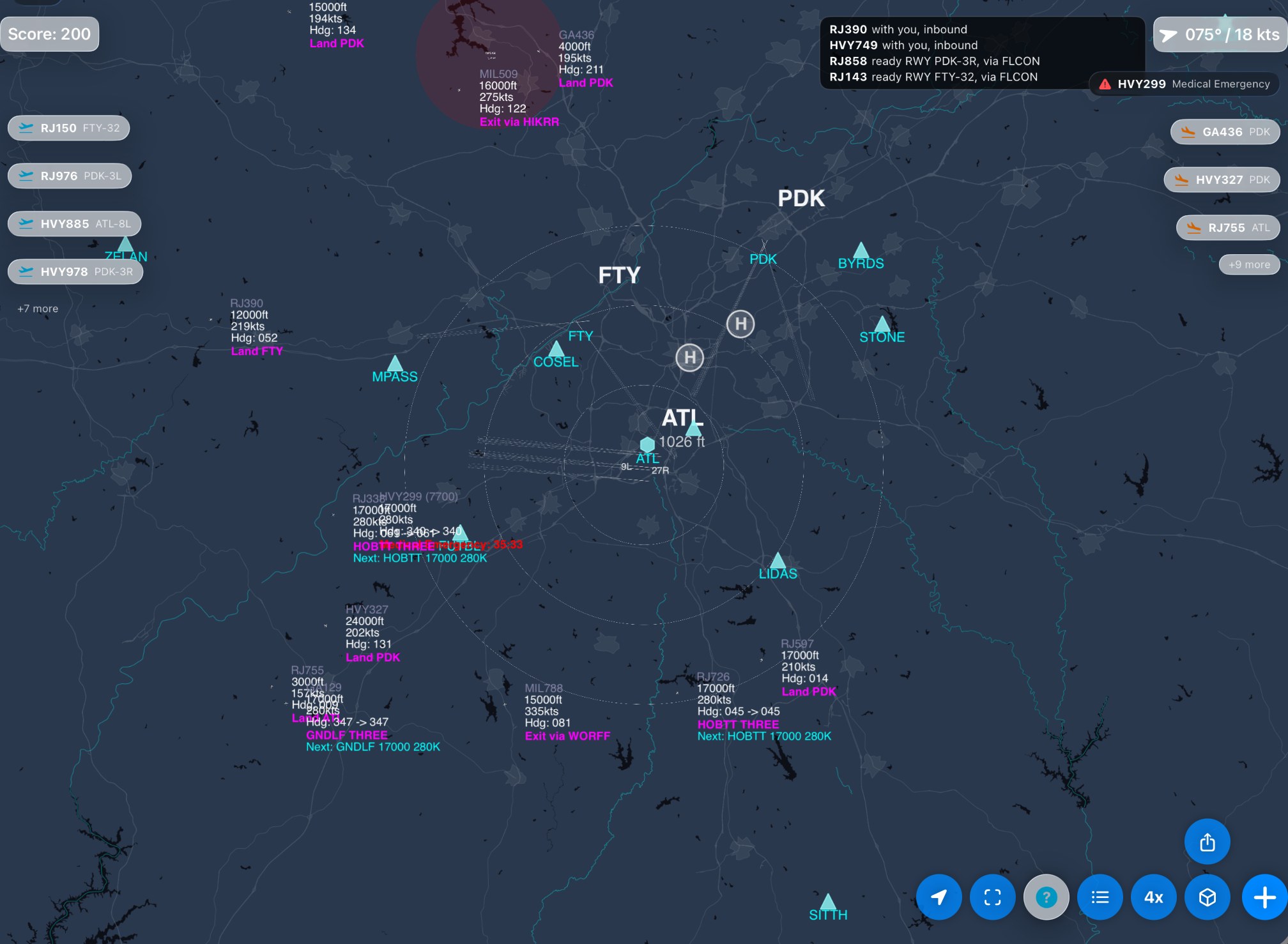 Atlanta at Master, 4x. Arrivals for Atlanta, Peachtree-DeKalb and Fulton County come in on the published arrival routes, HVY299 has declared a medical emergency, and eleven departures wait on the left for their release.