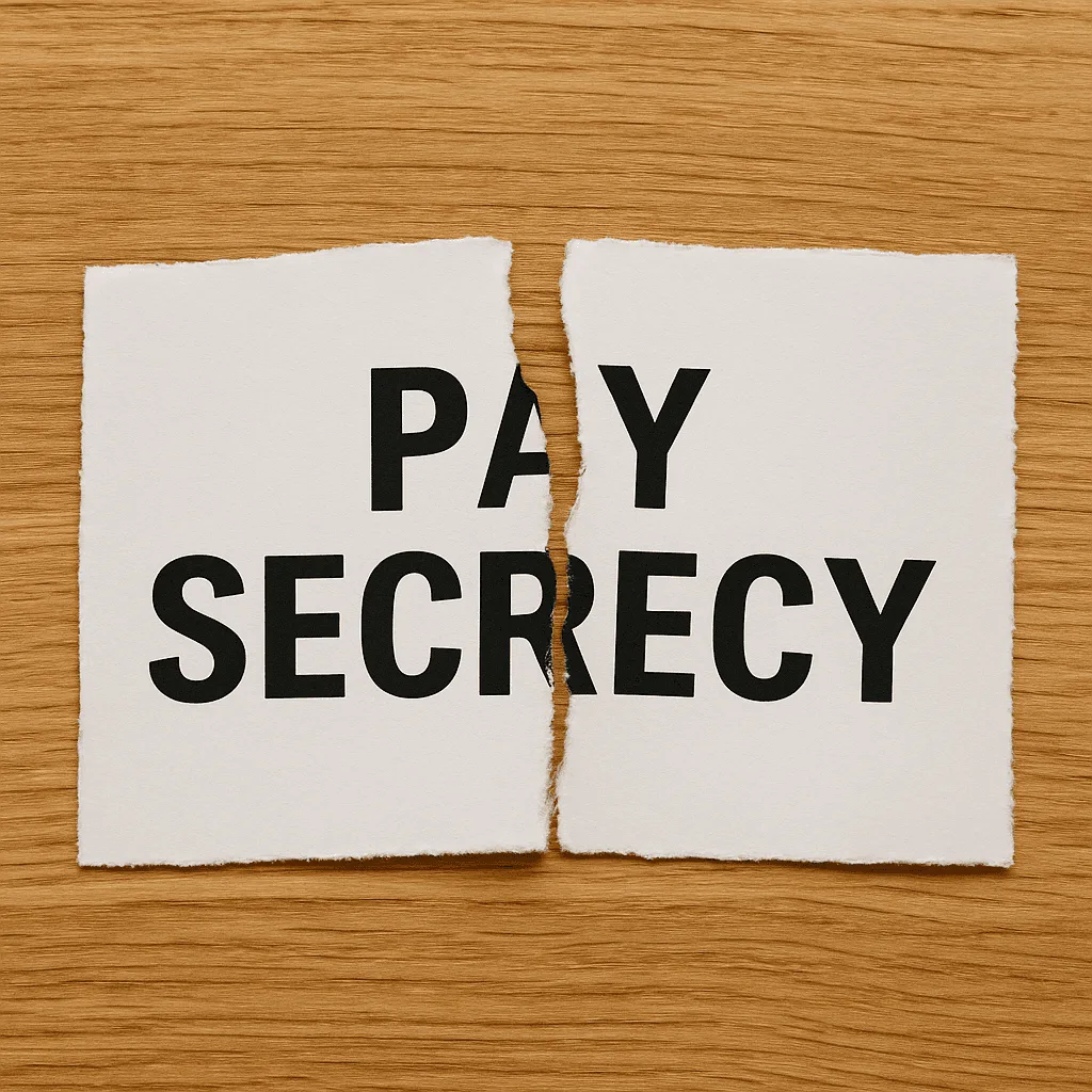 Torn paper reading 'Pay Secrecy', symbolising NZ's 2025 pay transparency law