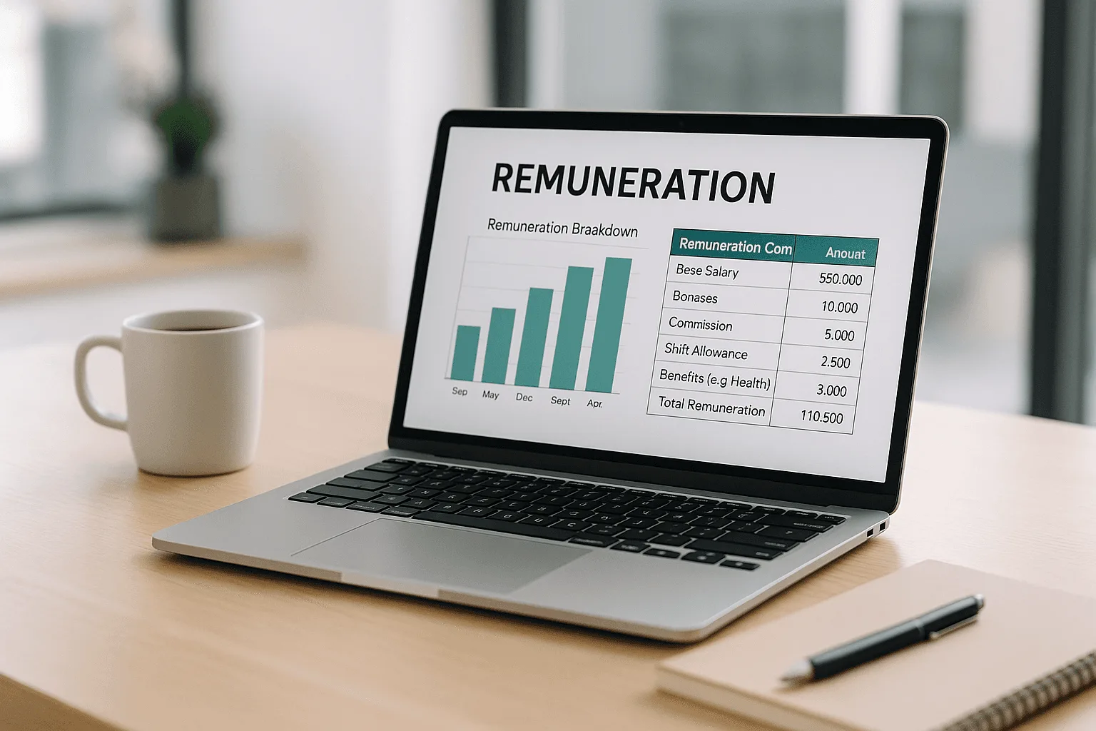 Laptop showing remuneration breakdown with salary, bonuses and benefits in a modern office