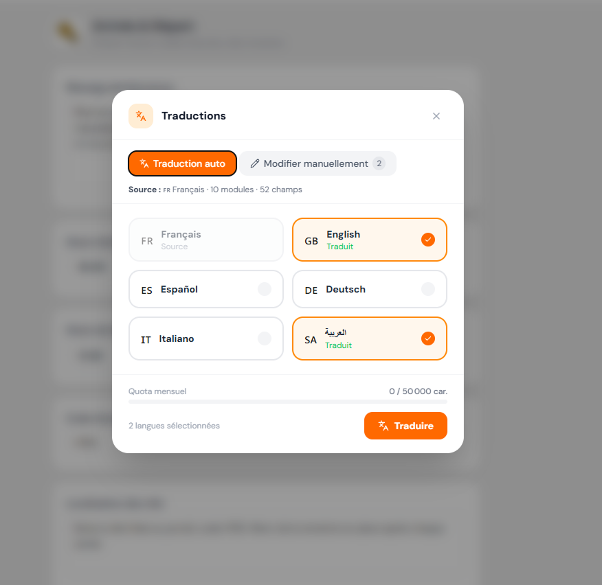 Traduction automatique du livret en plusieurs langues en un clic