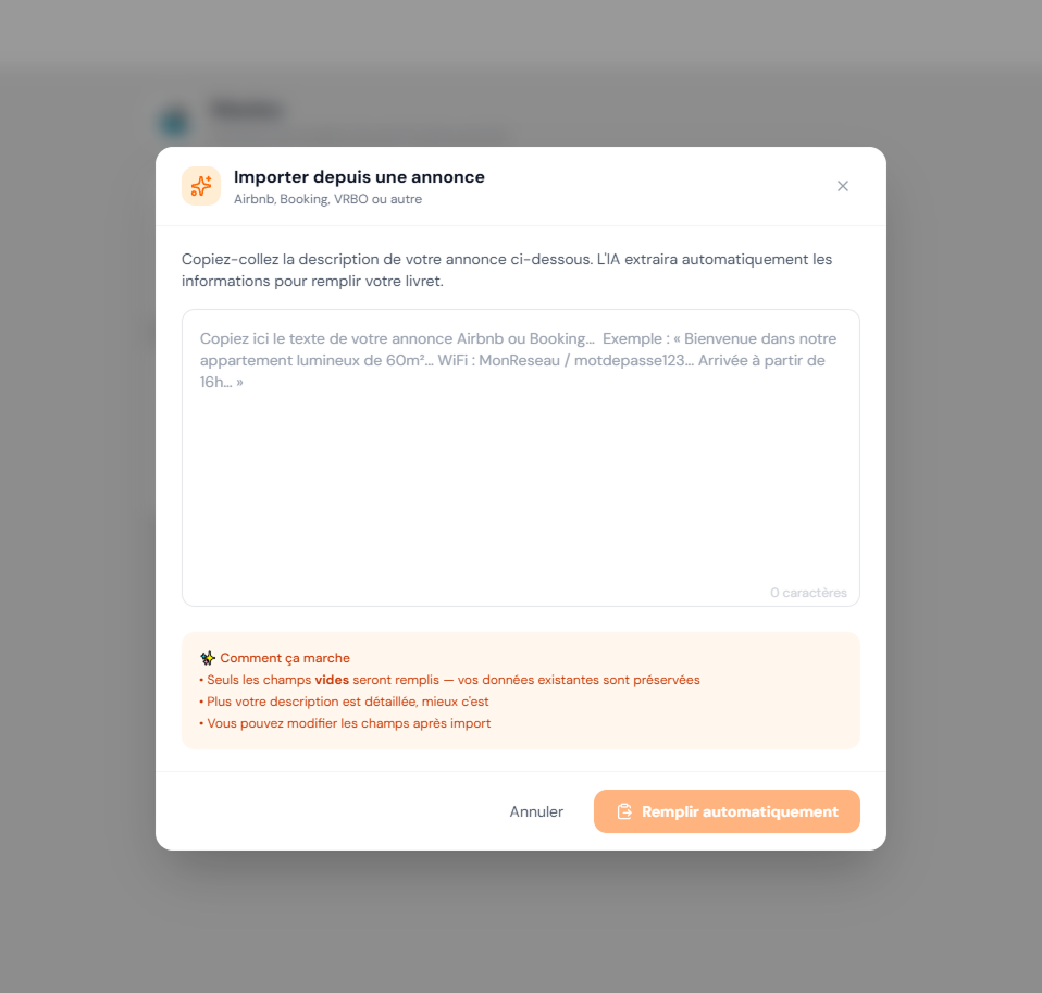 Import IA : remplissage automatique du livret depuis une annonce Airbnb, Booking ou VRBO
