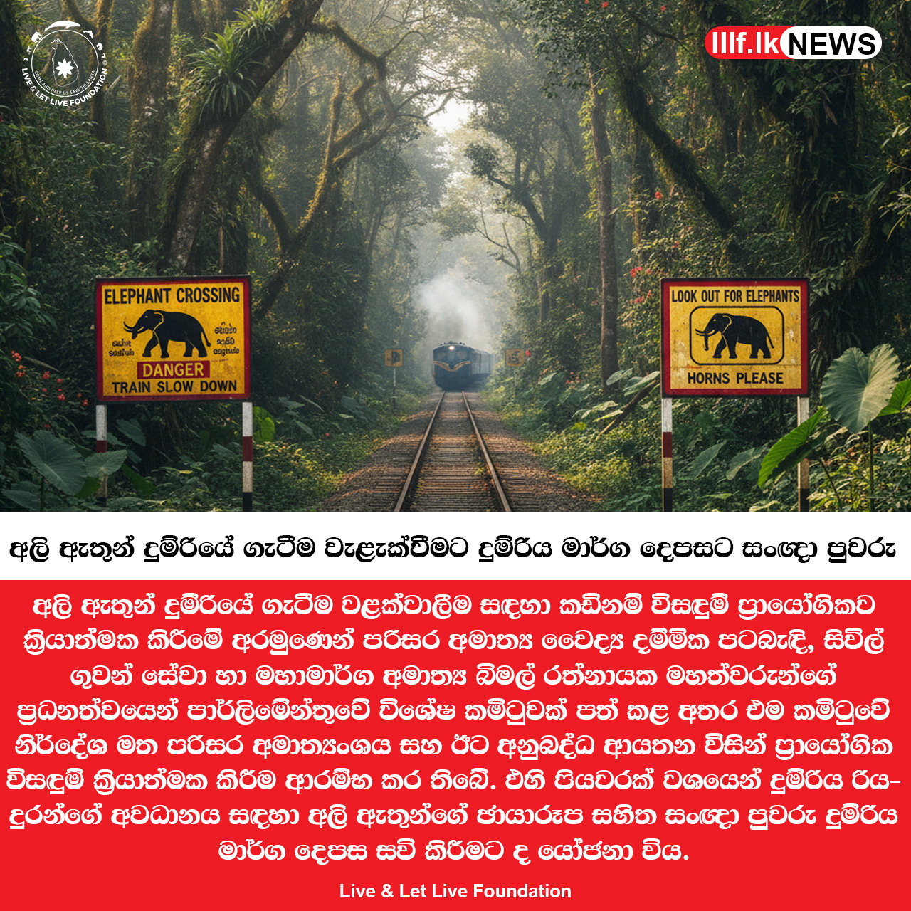 අලි ඇතුන් දුම්රියේ ගැටීම වැළැක්වීමට දුම්රිය මාර්ග දෙපසට සංඥා පුවරු