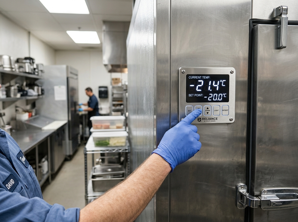 Technician checking temperature control panel on a freezer unit