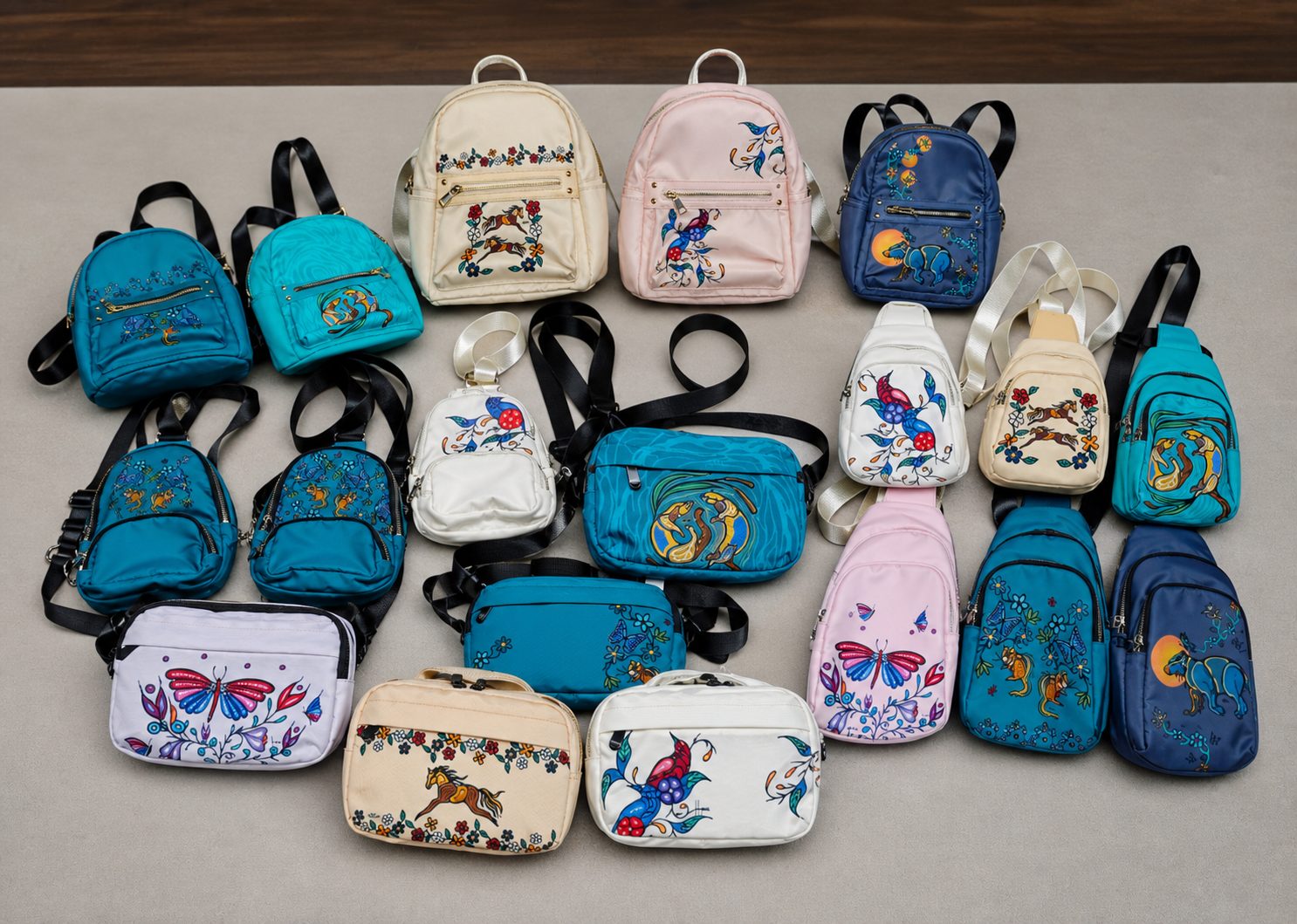 Multiple backpack designs representing different SKUs