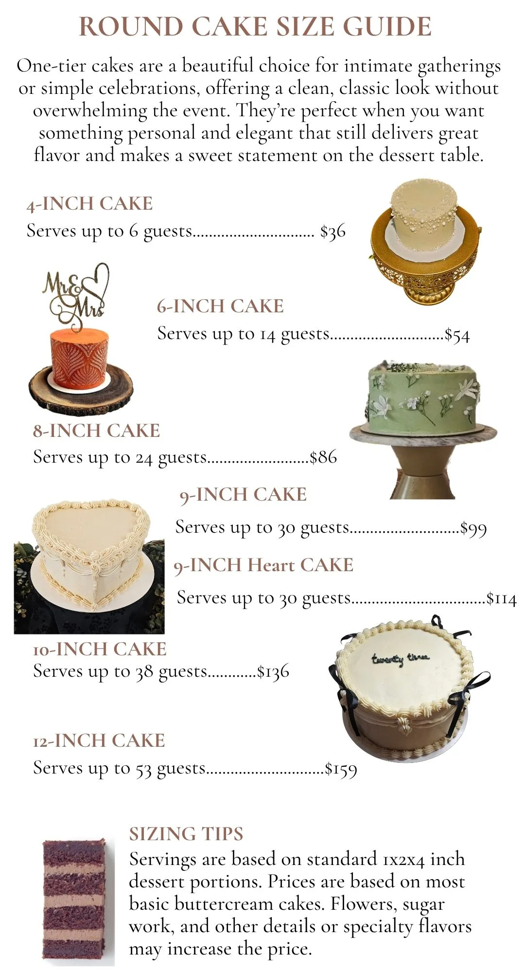 Single tier round cake sizes with serving amounts and pricing