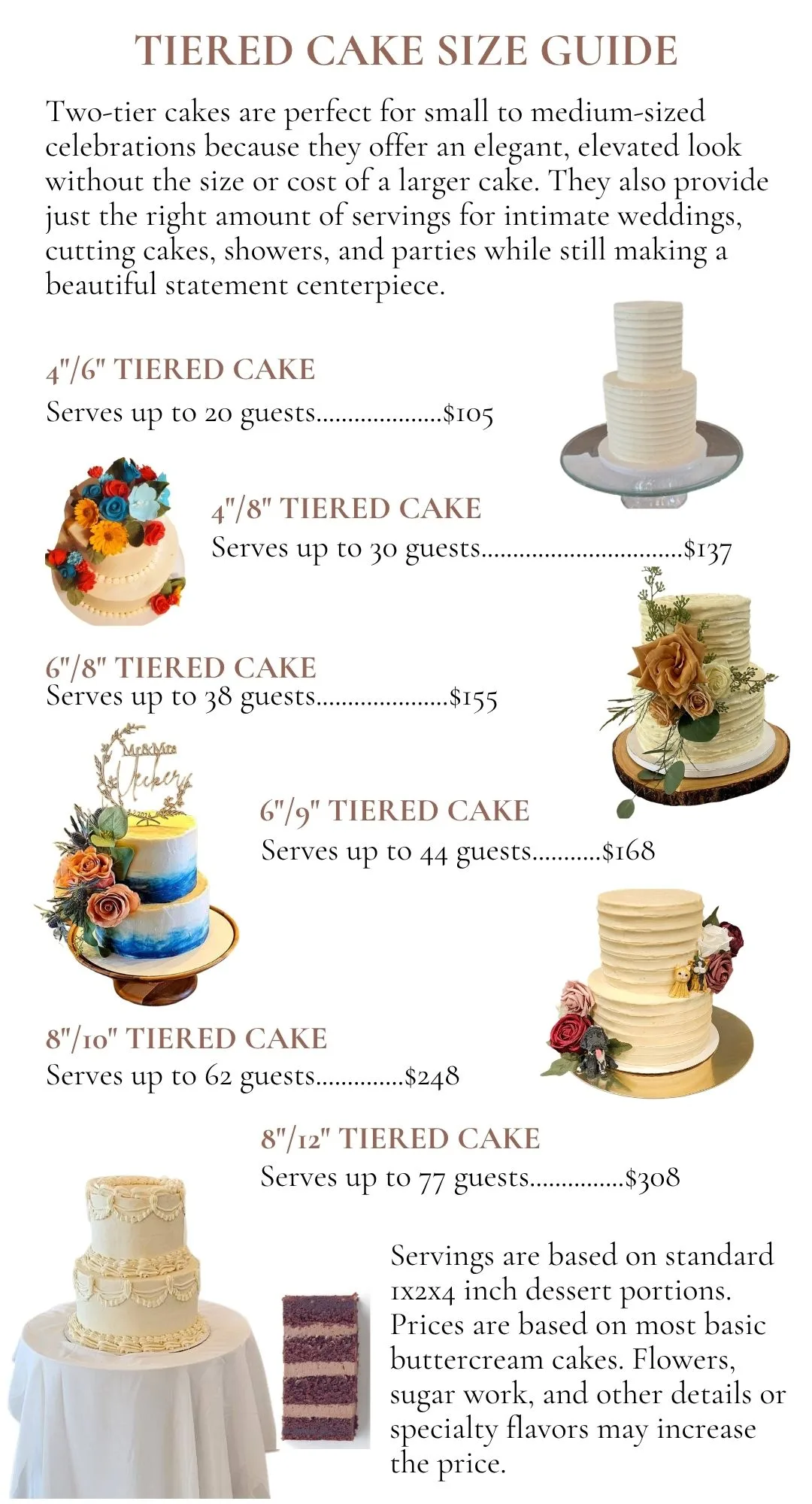 Two tier round cake sizes with serving amounts and pricing