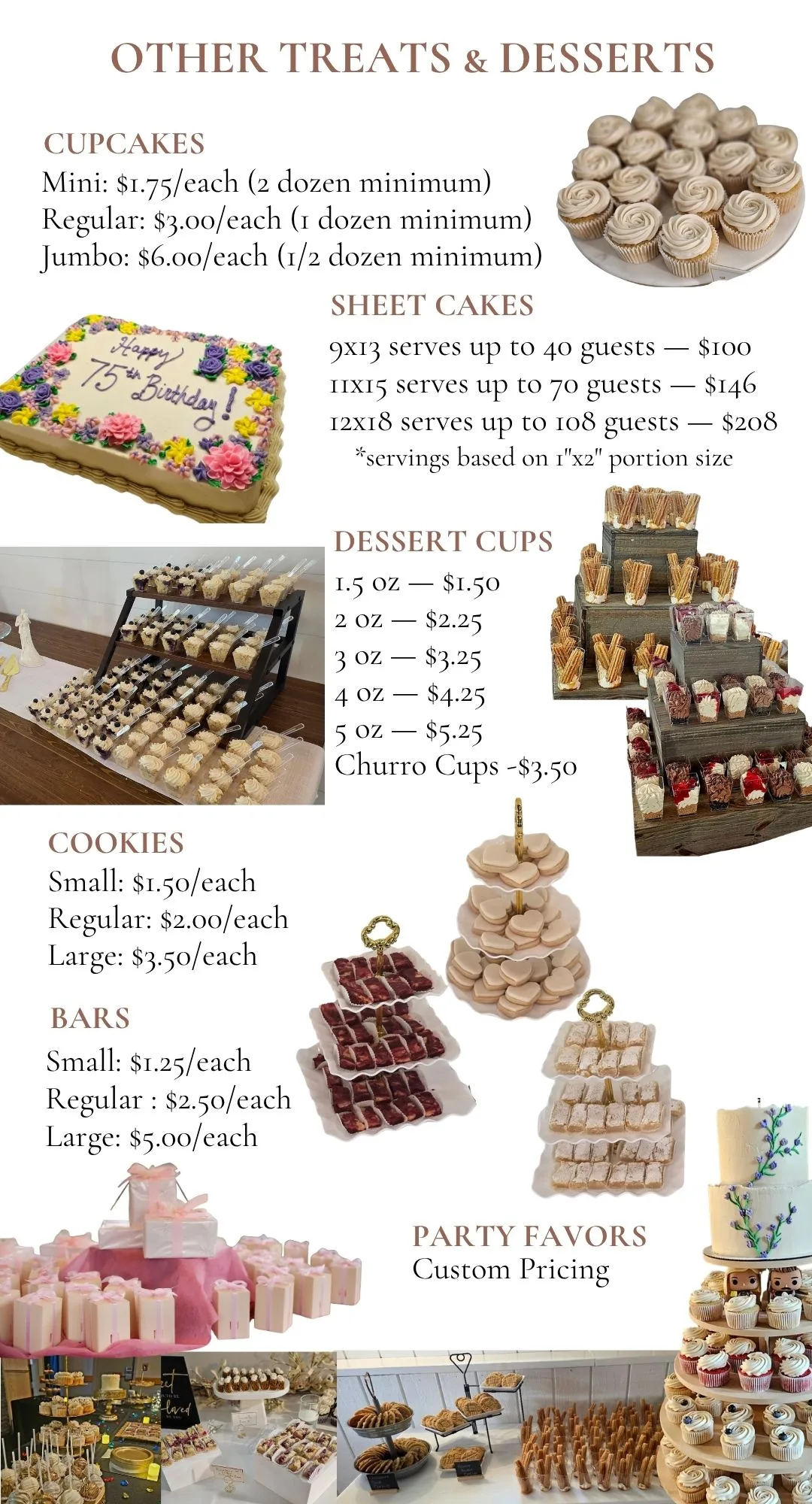 Cupcake, cookies, bars, dessert and cake cup sizes with serving amounts and pricing