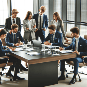 Equipo colaborando en objetivos comerciales