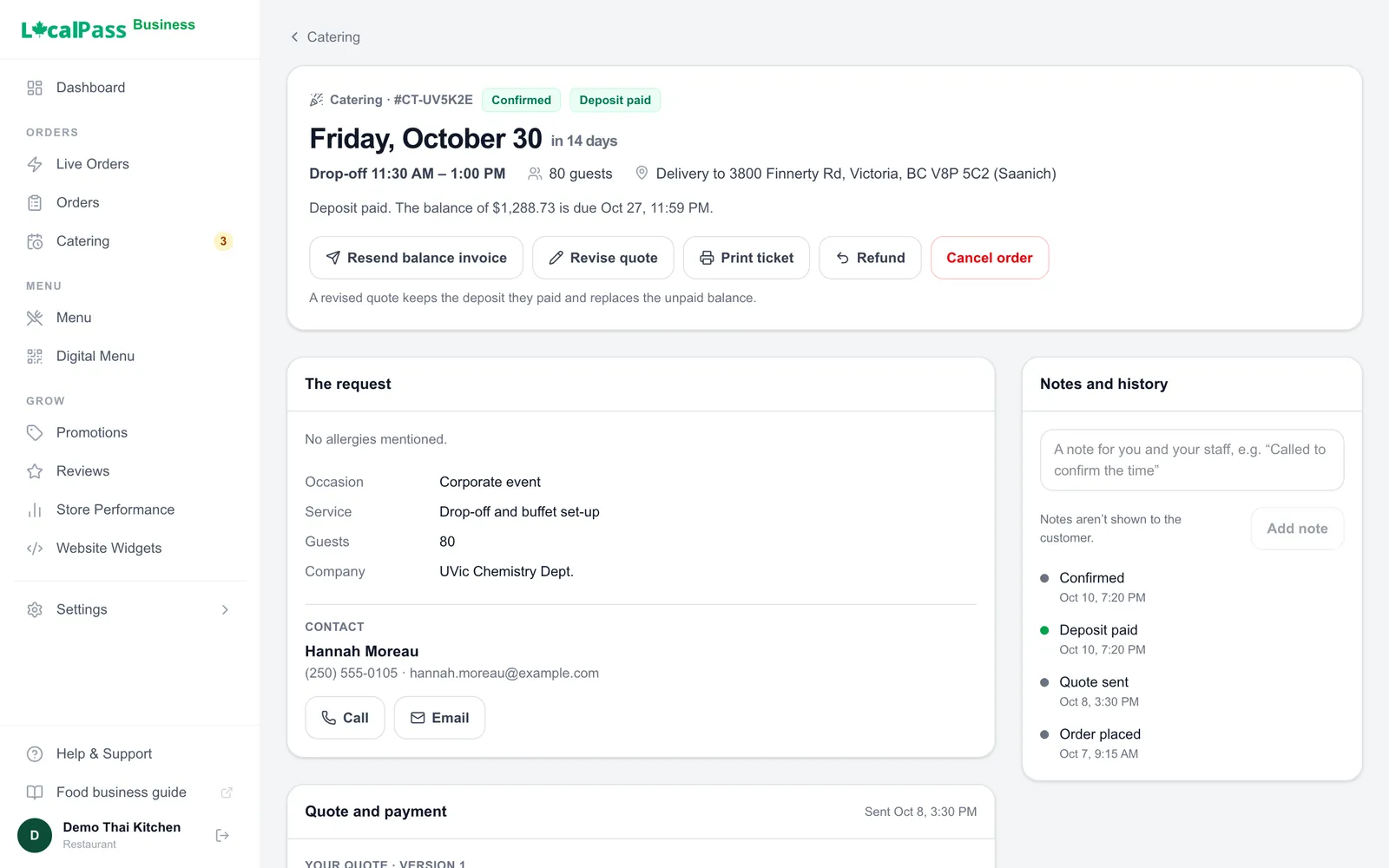Each booking: the request, your quote, and what's paid.