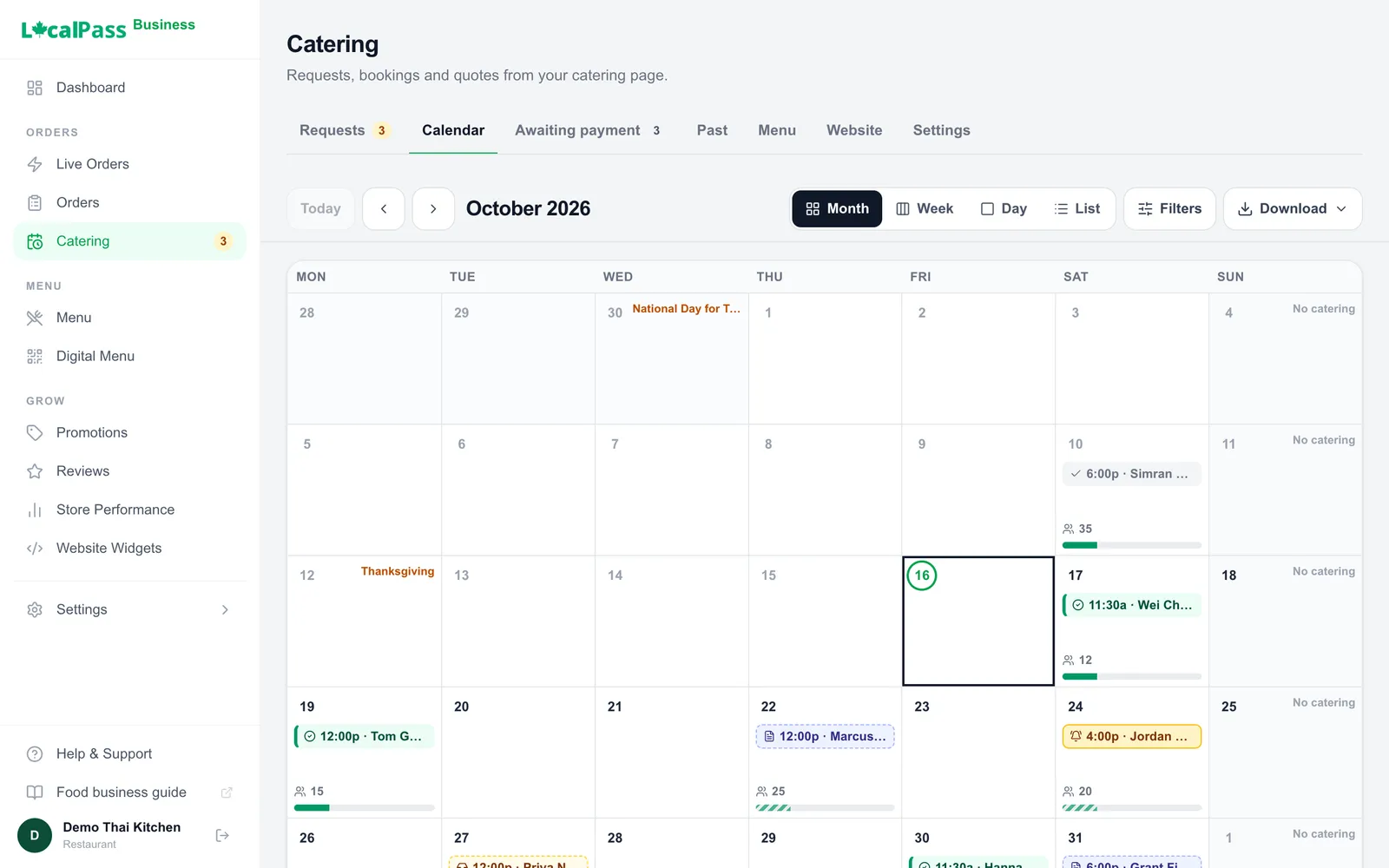The month at a glance, and how busy each day is.