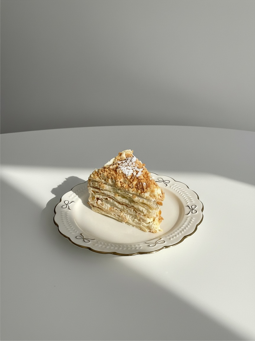 A slice of Noble Berry’s Napoleon cake on a scalloped plate in morning sun