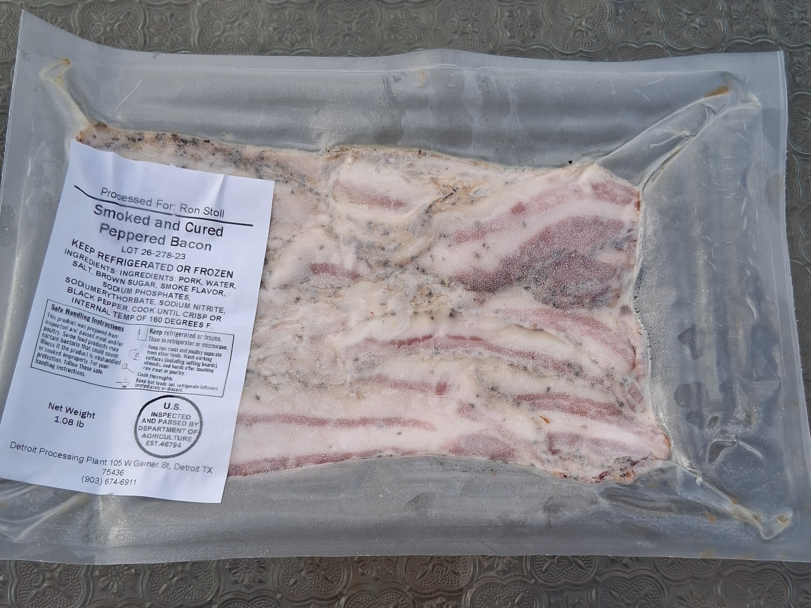 Smoked and Cured Peppered Bacon