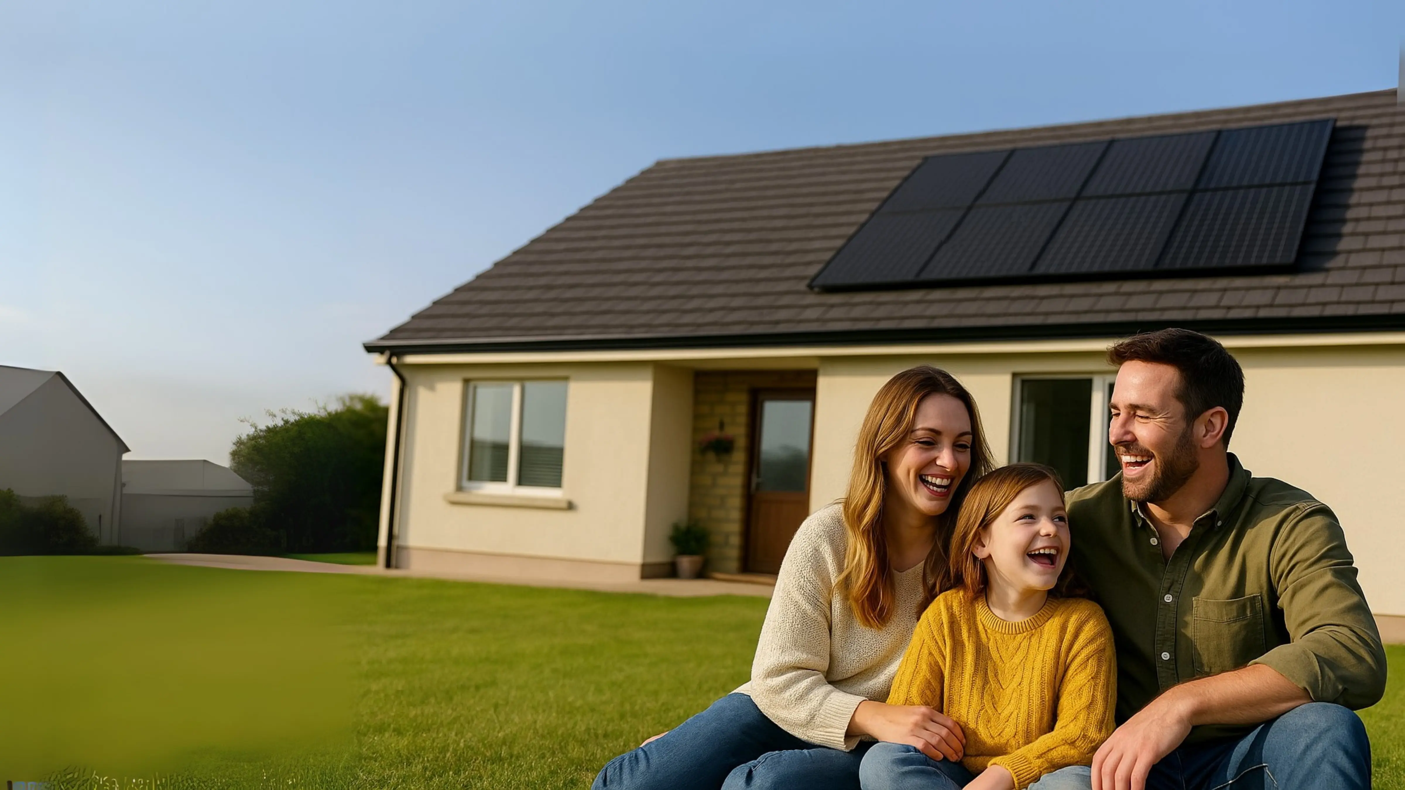 Solar panels on a residential roof with a happy family in the foreground