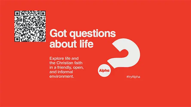 A red background with information about The Local Vineyard's Alpha program on it.